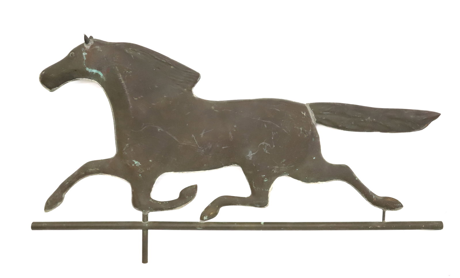 COPPER HORSE WEATHERVANE: HOLLOW-BODY WEATHERVANE OF RUNNING HORSE. 30 1/2" L. PLEASE READ CAREFULLY - Terms for Purchasing and Shipping of Auction Items. Please read carefully before bidding. All payments for purchases will b
