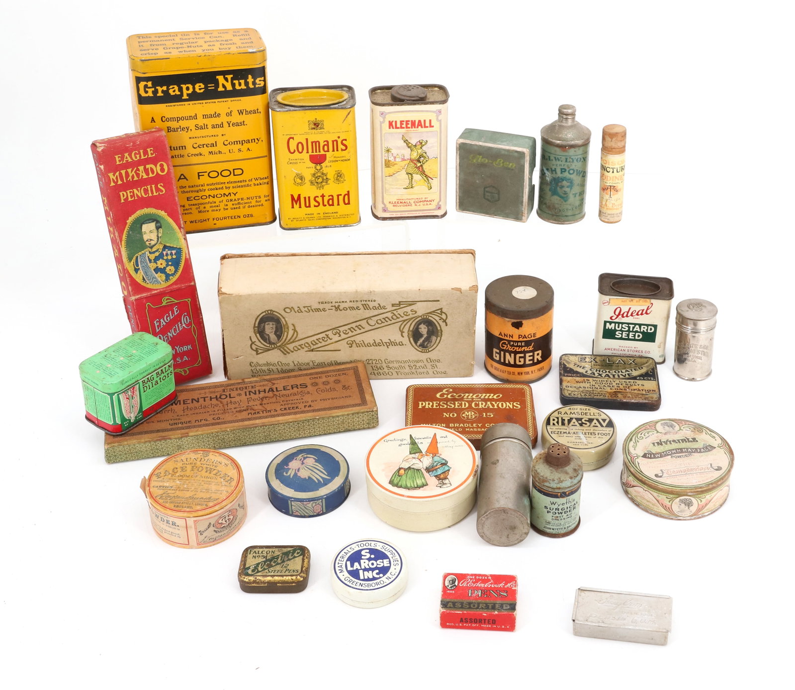 LOT OF ADVERTISING TINS: VARIOUS SIZES AND TYPES IN TIN, ALUMINUM AND CARDBOARD. LARGEST TIN 5 3/4". PLEASE READ CAREFULLY - Terms for Purchasing and Shipping of Auction Items. Please read carefully before bidding. All paymen