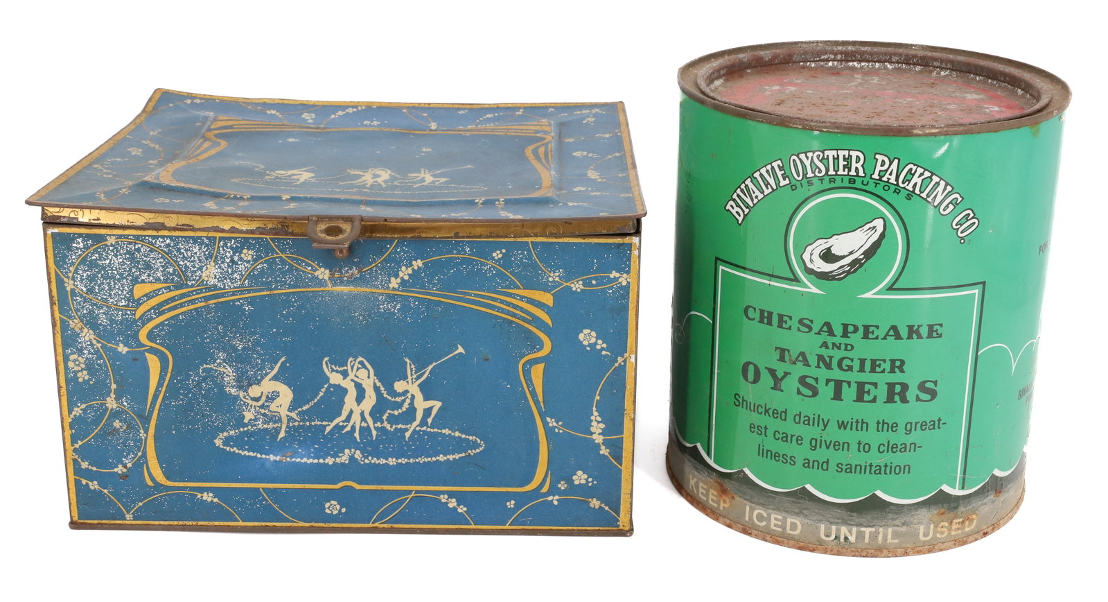 OYSTER AND SOAP BOX TINS: B&L OYSTERS 7 3/8" H. AND HINGED LID "GLOBE SOAP CO." 9 3/4" L. PLEASE READ CAREFULLY - Terms for Purchasing and Shipping of Auction Items. Please read carefully before bidding. All payments for purch