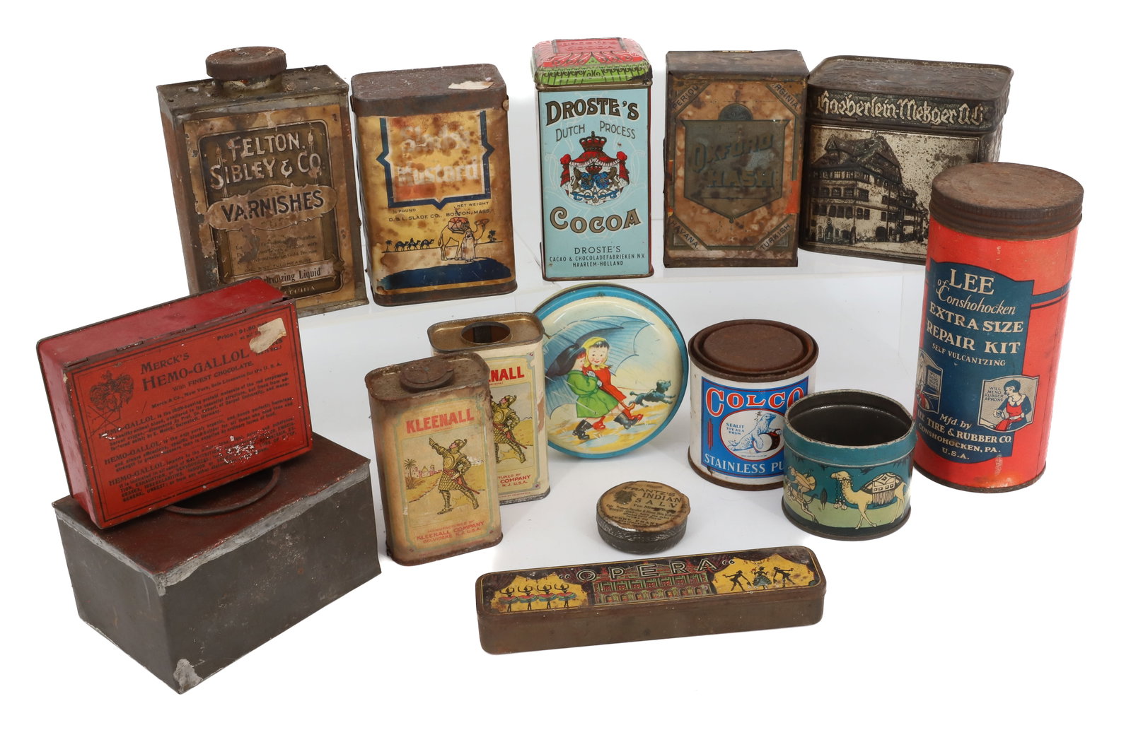 LOT OF ADVERTISING TINS: COLCO PUTTY, LEE OF CONSHOHOCKEN, DROSTE'S COCOA, KLEENALL (BELVIDERE, NJ) AND MORE. LARGEST 6 1/2" H. PLEASE READ CAREFULLY - Terms for Purchasing and Shipping of Auction Items. Please read carefully