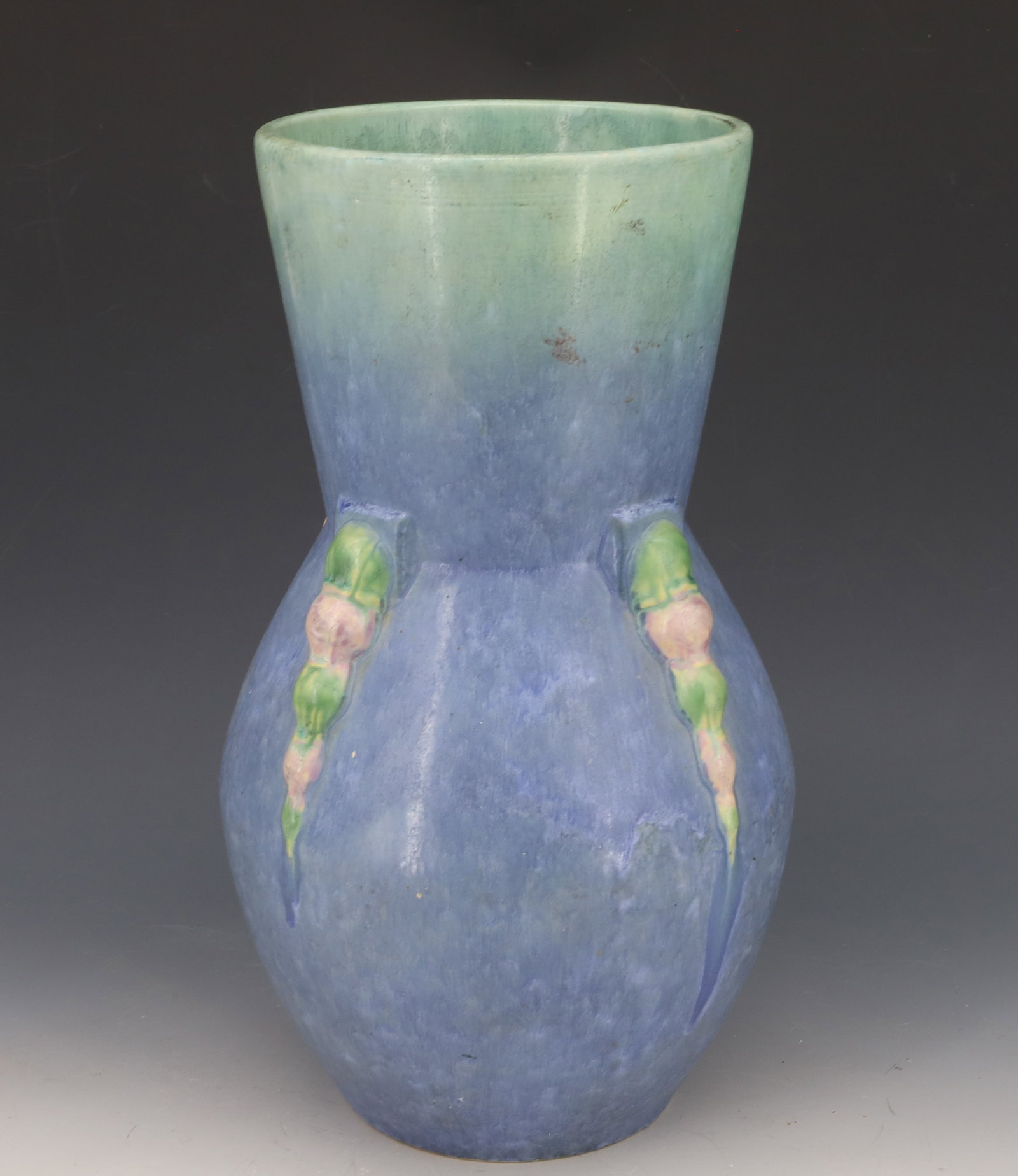 ROSEVILLE TOPEO POTTERY VASE: BLUE/GREEN WITH FOIL LABEL ON BOTTOM. 14" H. PLEASE READ CAREFULLY - Terms for Purchasing and Shipping of Auction Items. Please read carefully before bidding. All payments for purchases will be made t