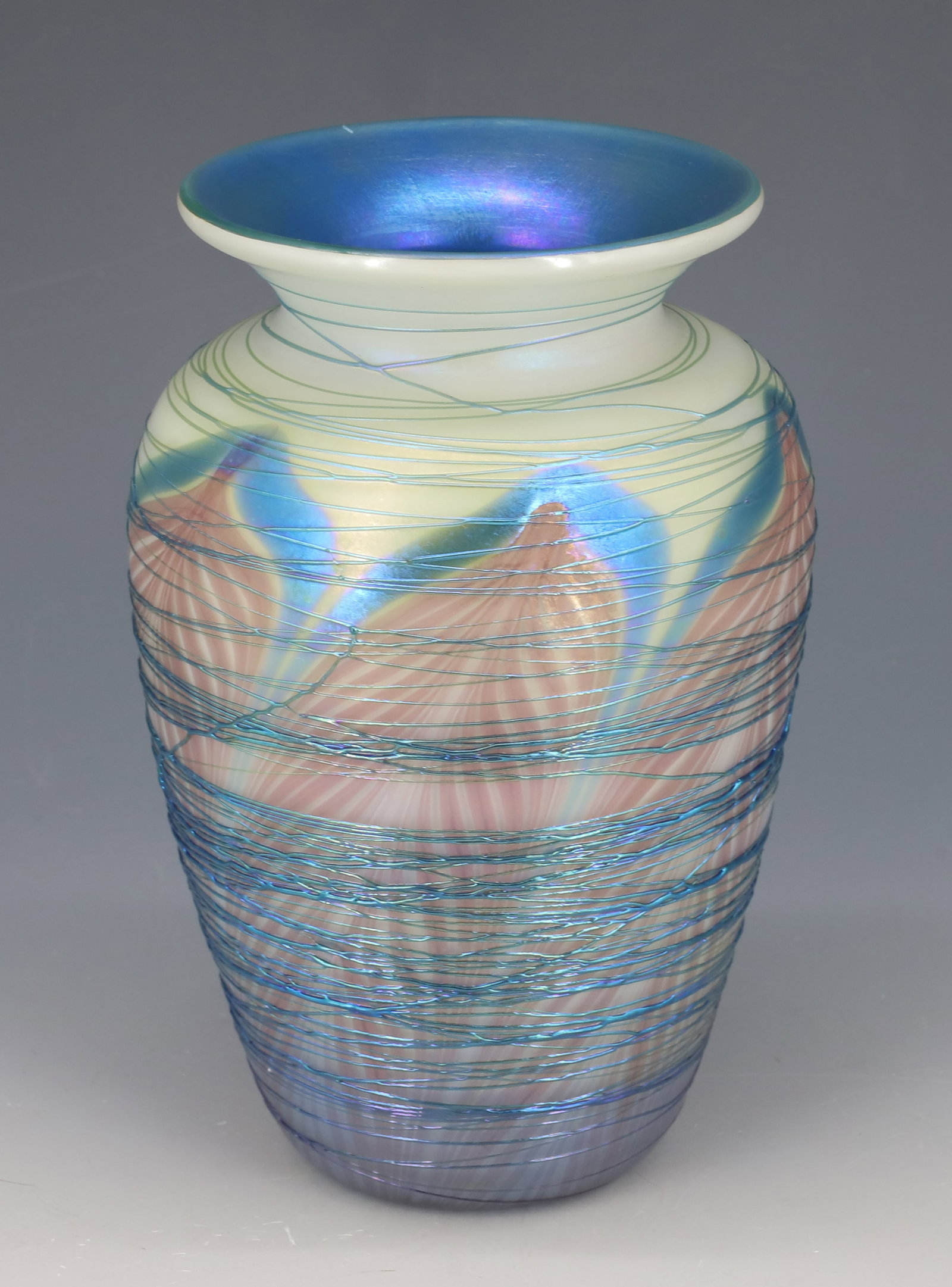 VANDERMARK ART GLASS VASE: BLUE AURENE THREADING AND THROAT, PINT FEATHERING ROUGH PONTIL 6 1/4"H PLEASE READ CAREFULLY - Terms for Purchasing and Shipping of Auction Items. Please read carefully before bidding. All payments fo