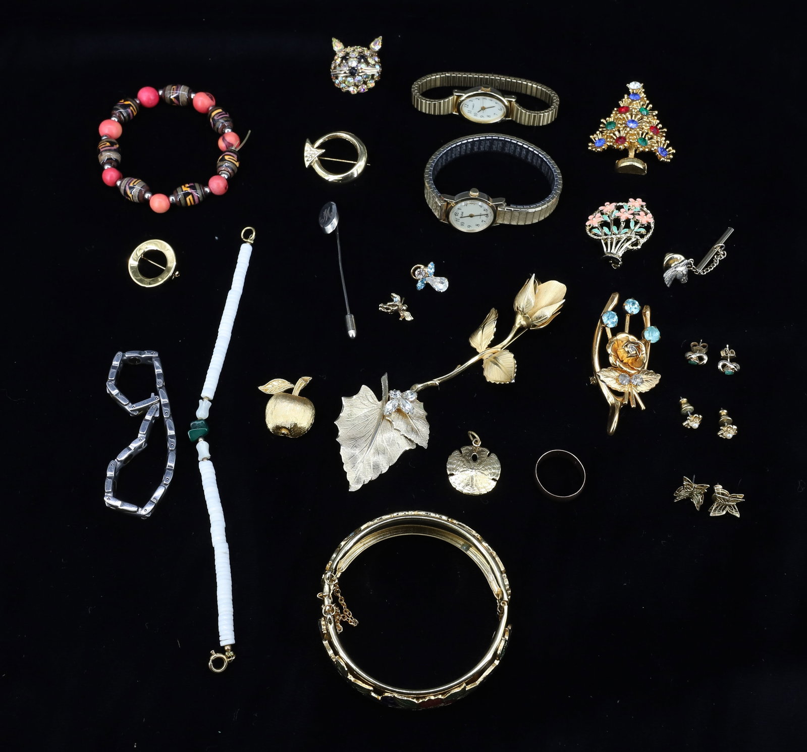 VINTAGE COSTUME JEWELRY LOT: (9) BROOCHES, TWO QUARTZ WATCHES, THREE BRACELETS ETC PLEASE READ CAREFULLY - Terms for Purchasing and Shipping of Auction Items. Please read carefully before bidding. All payments for purchases will 