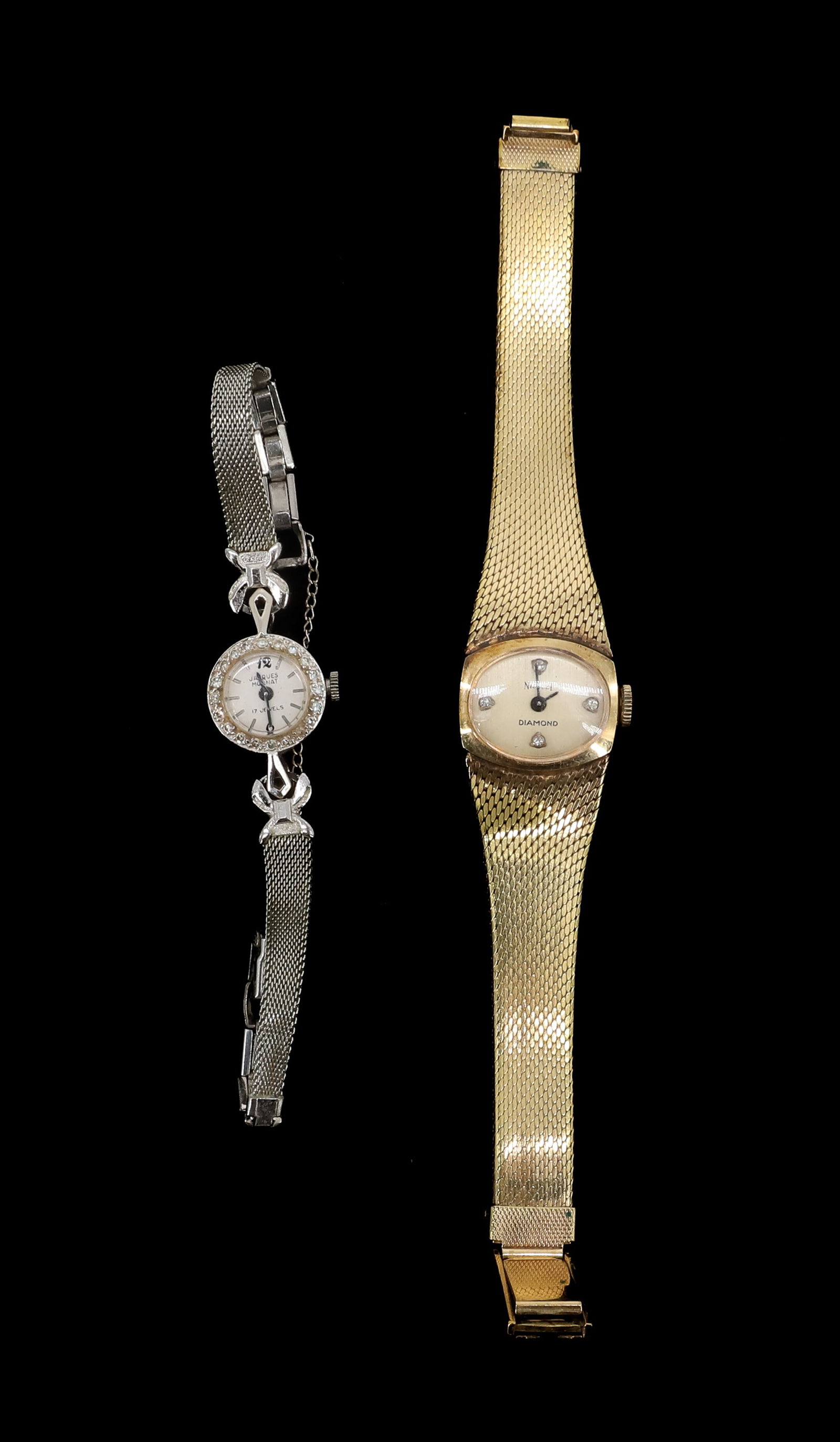 (2) JACQUES MONNAT 14K GOLD WRIST WATCH: 14K WHITE GOLD WITH DIAMONDS SURROUNDING FACE (17) JEWELS MOVEMENT GOLD FILLED BAND AND NICOLET GOLD FILLED CASE AND BAND WITH DIAMOND FACE 7 1/2" BAND MONNET, NICOLET 6 1/2" PLEASE READ CAREFULLY - T
