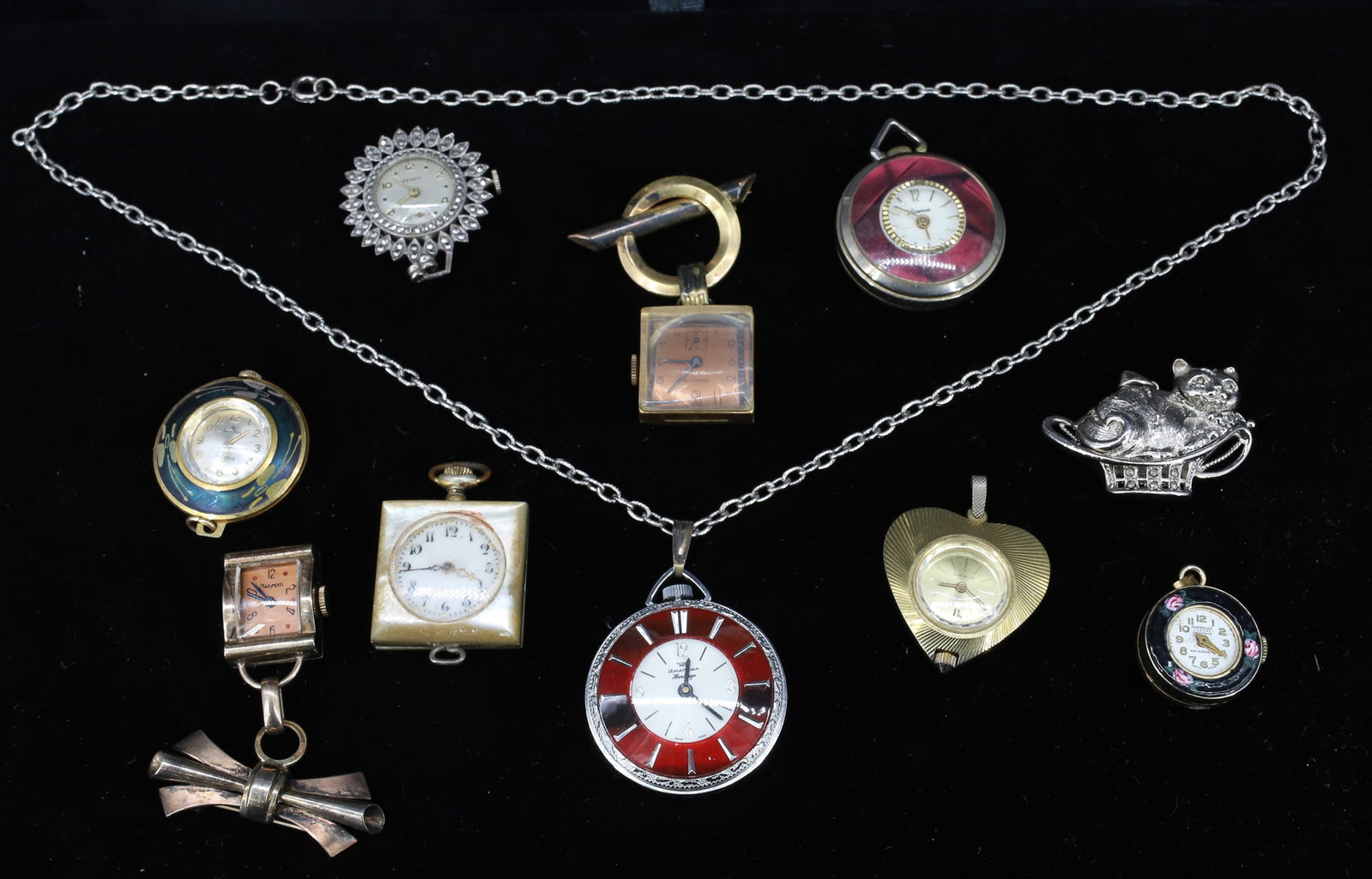 (10) VINTAGE PENDANT WATCHES: TWO GOLD FILLED CASES, MOTHER OF PEARL CASE, MARCASITE, ENAMEL ROSES, CAT, ETC 1 1/4" TO 2 1/4" PLEASE READ CAREFULLY - Terms for Purchasing and Shipping of Auction Items. Please read carefully before