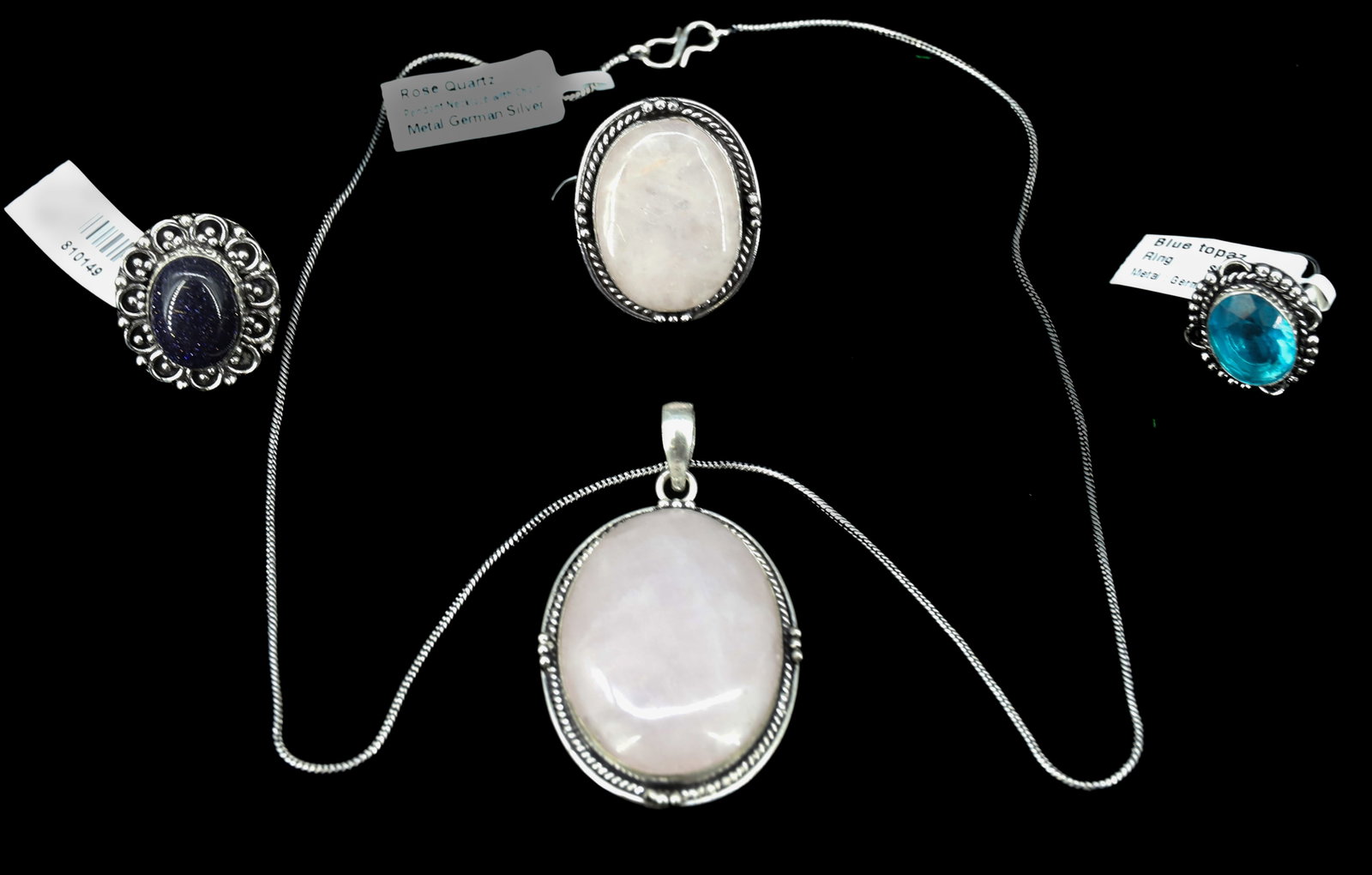 (4) SEMI PRECIOUS STONE JEWELRY: ROSE QUARTZ PENDANT AND RING SIZE 6, BLUE SUN STONE AND BLUE TOPAZ RINGS SIZE 6 20" CHAIN, PENDANT 2" PLEASE READ CAREFULLY - Terms for Purchasing and Shipping of Auction Items. Please read carefully 
