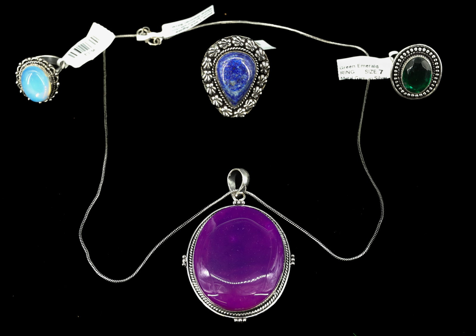(4) SEMI PRECIOUS STONE JEWELRY: PINK LACE AGATE PENDANT WITH CHAIN, LAPIS, SYNTHETIC EMERALD, SYNTHETIC OPAL SIZE 7 CHAIN 20" PENDANT 2 1/4" PLEASE READ CAREFULLY - Terms for Purchasing and Shipping of Auction Items. Please read car
