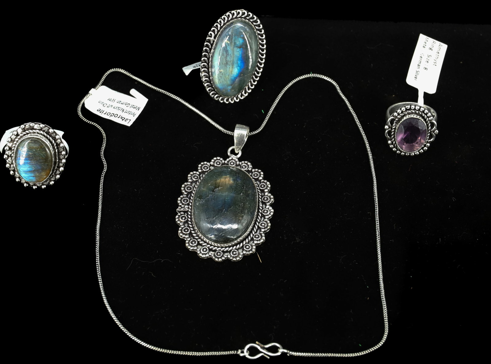 (4) SEMI PRECIOUS STONE JEWELRY: LABRADORITE PENDANT AND RING SIZE 8 AMETHYST, LABRADORITE RINGS SIZE 8 CHAIN 20" PENDANT 2" PLEASE READ CAREFULLY - Terms for Purchasing and Shipping of Auction Items. Please read carefully before bid