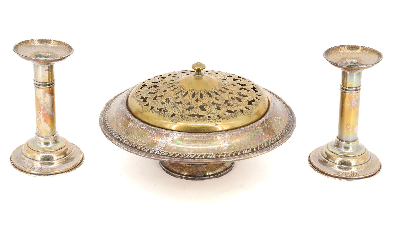 STERLING SILVER WEIGHTED HOLLOWARE: PAIR OF CANDLESTICKS AND FLOWER CENTERPIECE FLOWER CENTERPIECE HAS A BRASS RETICULATED LID 5 1/4"H PLEASE READ CAREFULLY - Terms for Purchasing and Shipping of Auction Items. Please read carefully bef