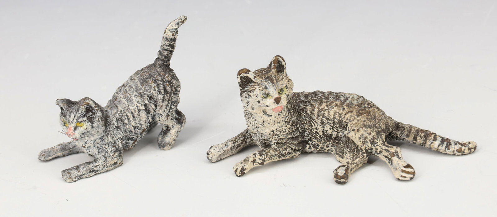 (2) VIENNA BRONZE TABBY CATS: HAND PAINTED ONE LAYING DOWN ONE UP FOR PLAY ONE MARKED AUSTRIA 1 3/4"L, 2 1/2"L PLEASE READ CAREFULLY - Terms for Purchasing and Shipping of Auction Items. Please read carefully before bidding. All p