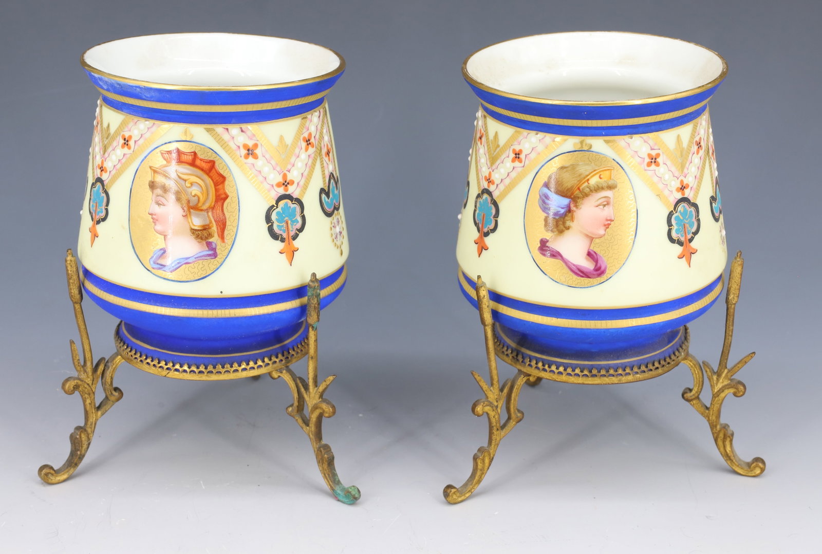 (2) NAPOLEON III PARIS VASES: MALE AND FEMALE PORTRAITS WITH DETAILED DECORATION DORE ORIGINAL MOUNTS OLD PARIS PORCELAIN 6" X 4" PLEASE READ CAREFULLY - Terms for Purchasing and Shipping of Auction Items. Please read carefully be