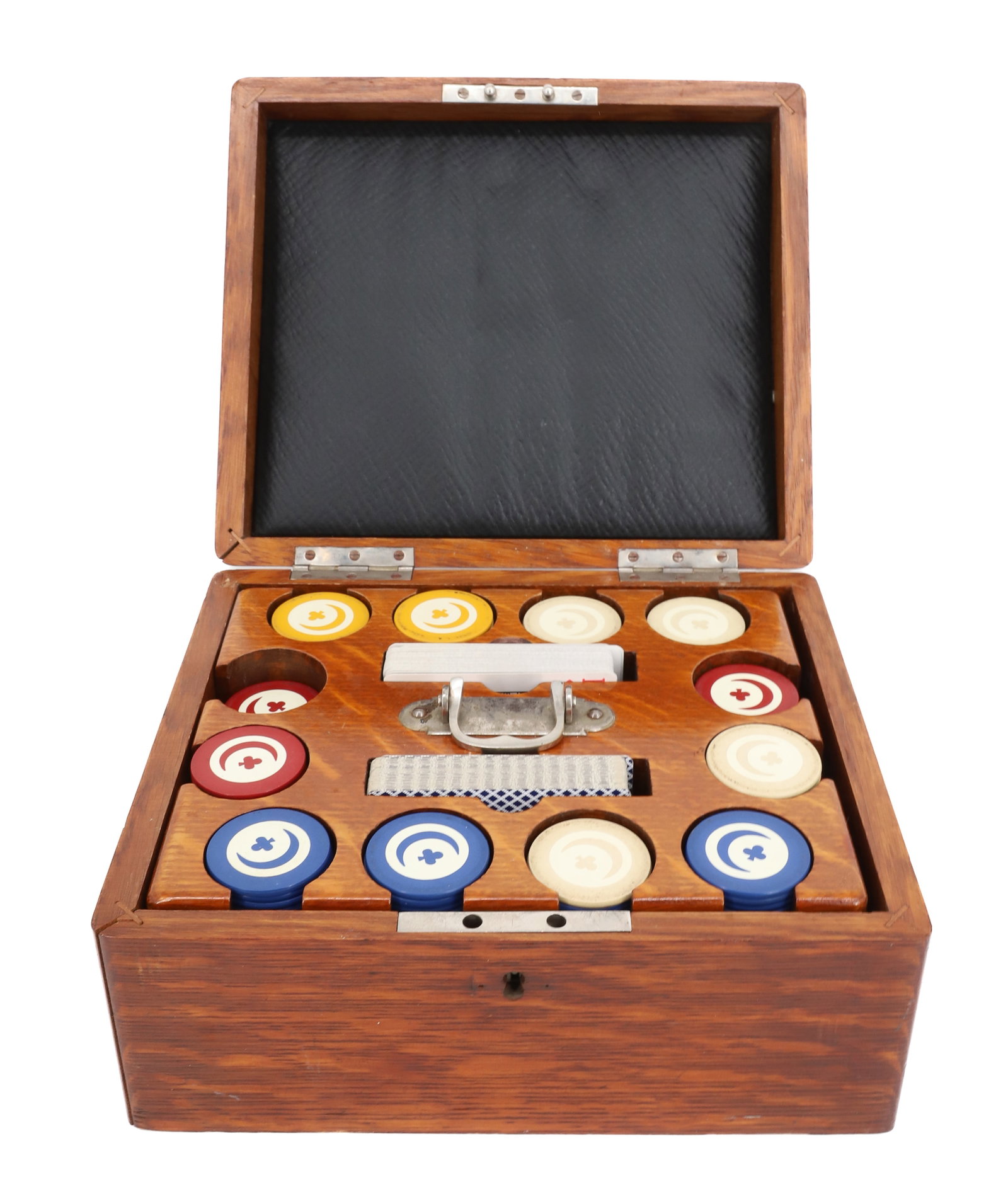 VINTAGE POKER CHIP SET: CRESCENT MOON/CLUB POKER CHIPS, FOUR COLORS, FITTED OAK BOX - CASE 5" X 10" X 8" PLEASE READ CAREFULLY - Terms for Purchasing and Shipping of Auction Items. Please read carefully before bidding. All p