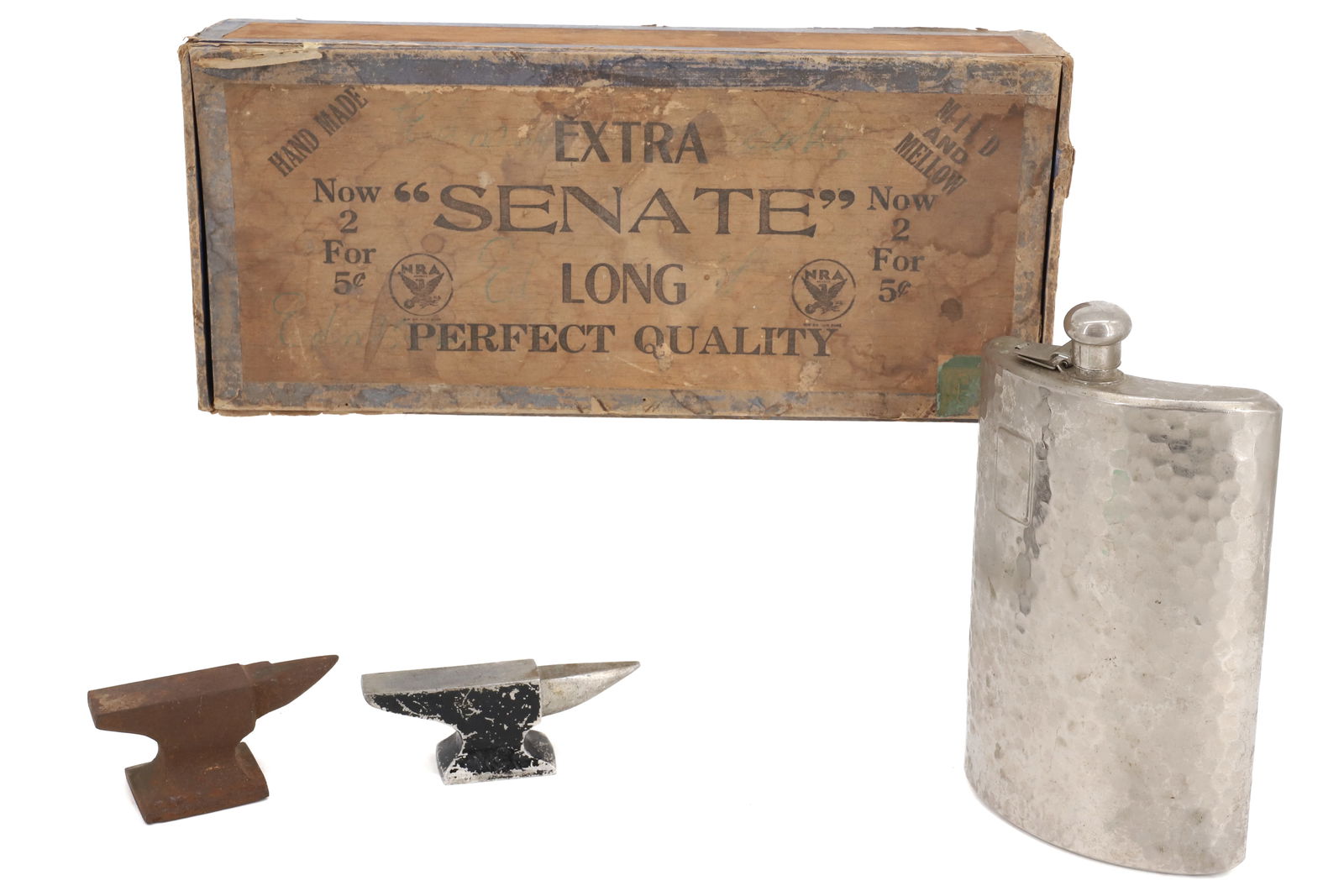 LG. LASK, MINI ANVILS, AND ADVERTISING CIGAR BOX: HAND HAMMERED FLASK (7 1/4"), CAST IRON AND ALUMINUM MINIATURE ANVILS (4 1/2" L ), AND SENATE CIGAR BOX (13 1/2") PLEASE READ CAREFULLY - Terms for Purchasing and Shipping of Auction Items. Please rea