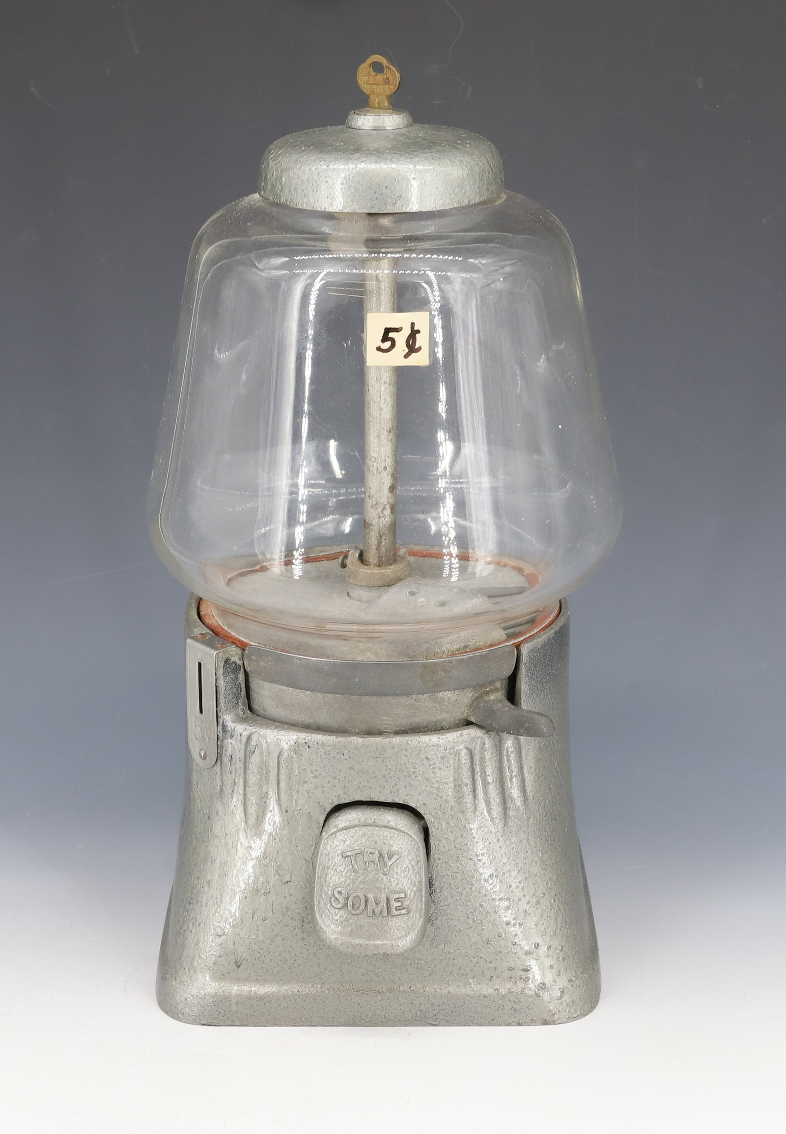 VINTAGE SILVER KING GUMBALL MACHINE: 5 CENT MACHINE WITH KEY, MARKED; "TRY SOME" ON DOOR - 13 1/2" H PLEASE READ CAREFULLY - Terms for Purchasing and Shipping of Auction Items. Please read carefully before bidding. All payments for purch
