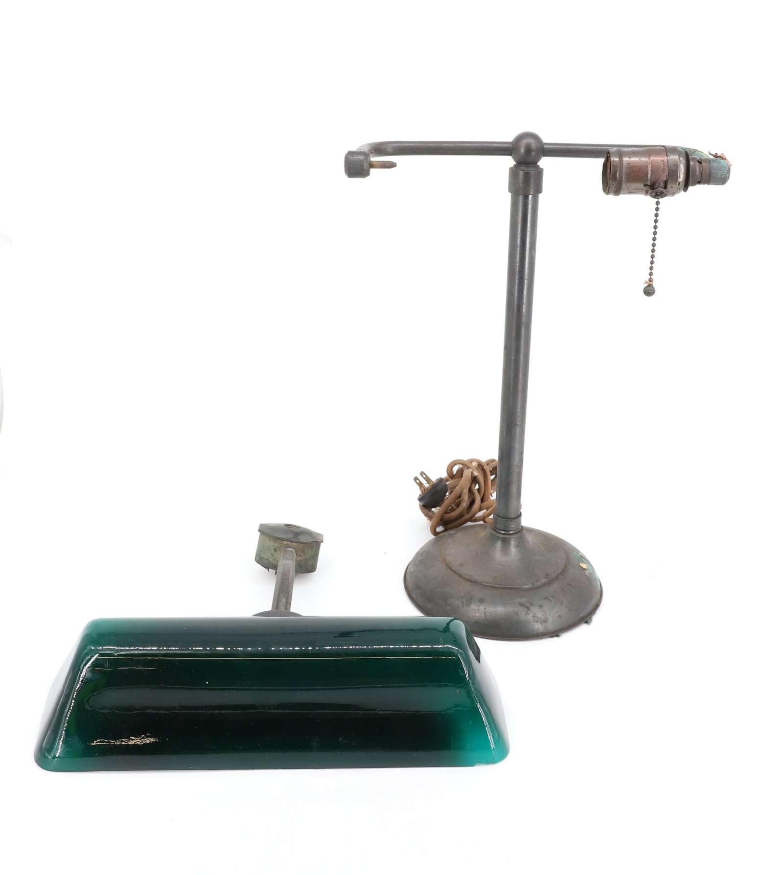 ANTIQUE LAMP PART LOT: INCLUDING; EMERALD LIGHT SHADE (13" L ), BRASS LAMP BASE UNMARKED (16" H), AND LIGHT SOCKET ARM (10 1/2") PLEASE READ CAREFULLY - Terms for Purchasing and Shipping of Auction Items. Please read carefu