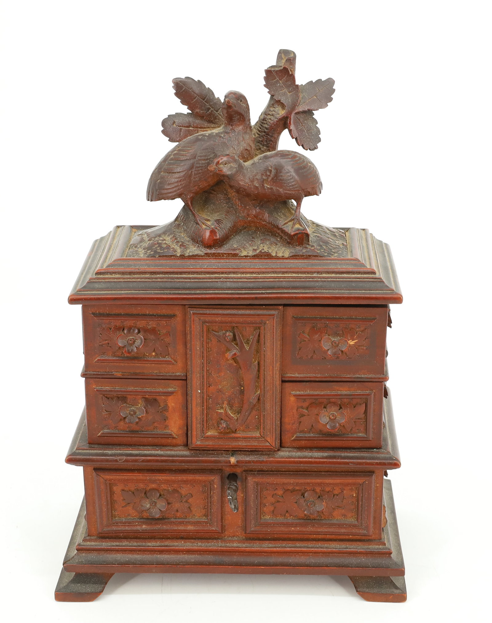BLACK FOREST CARVED JEWELRY BOX: CARVED QUAIL ON LID, SWIVEL DRAWERS AND HINGED TOP, ORIGINAL KEY - 9 3/4" X 6 1/2" PLEASE READ CAREFULLY - Terms for Purchasing and Shipping of Auction Items. Please read carefully before bidding. All