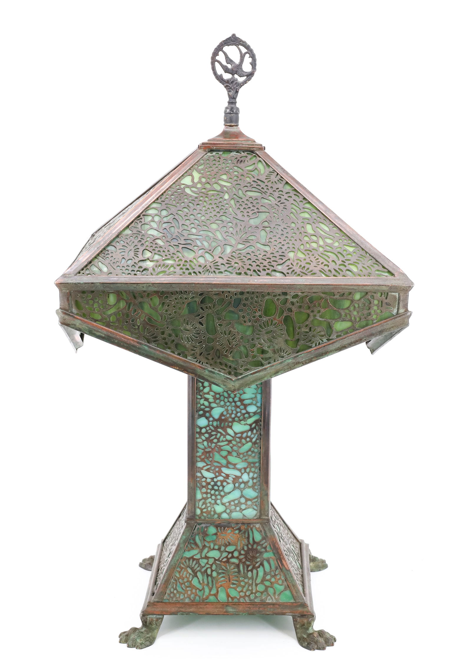 ATTRIBUTED TO RIVIERE STUDIOS LAMP: COOPER OVER GREEN SLAG GLASS, PAW FEET, UNSIGNED, 20" X 12 1/2" PLEASE READ CAREFULLY - Terms for Purchasing and Shipping of Auction Items. Please read carefully before bidding. All payments for purch