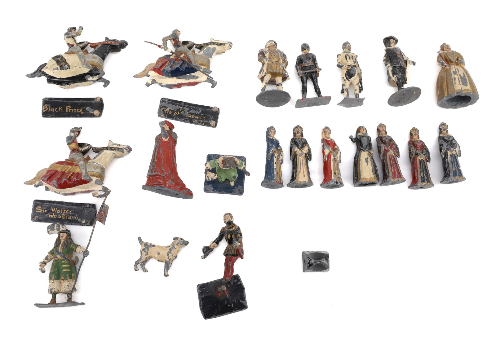LOT OF LEAD FIGURES: MEDIEVAL COURT FIGURES, SOLDIERS IN SUITS OF ARMOR ON HORSEBACK, AND OTHERS - LARGEST 3 1/2" L PLEASE READ CAREFULLY - Terms for Purchasing and Shipping of Auction Items. Please read carefully before 