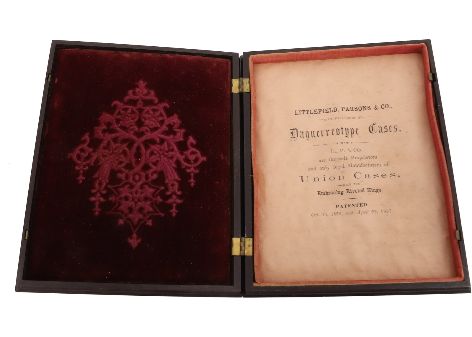 ANTIQUE DAGUERREOTYPE CASE: INTERIOR MARKED; LITTLEFIELD, PARSONS & CO. - UNION CASES, PATENT 1857- FARM SCENE - OVERALL SIZE 6" X 4 3/4" - INTERIOR 5 1/2" X 4 1/4" PLEASE READ CAREFULLY - Terms for Purchasing and Shipping of Au