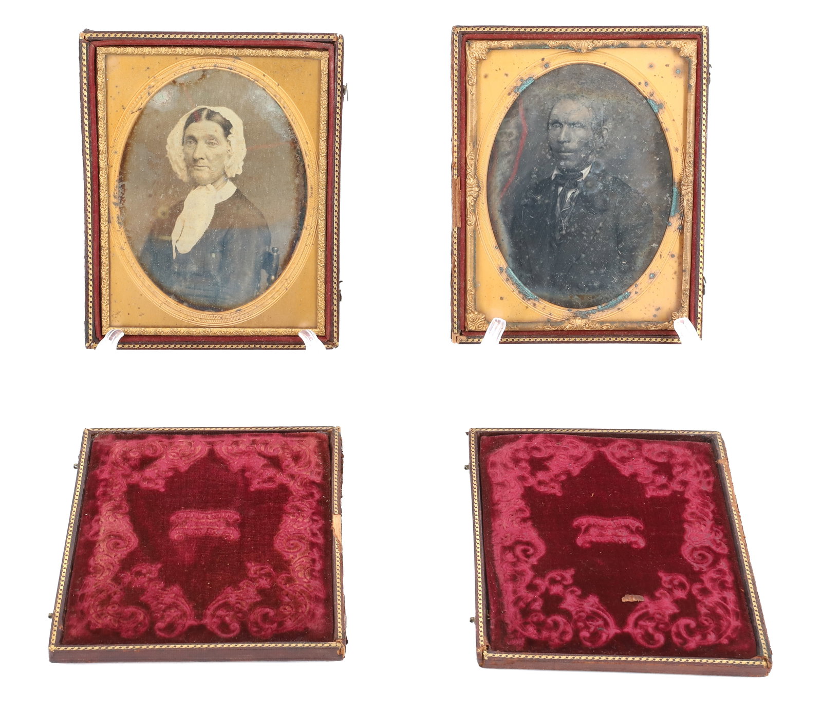 PR. OF LARGE ANTIQUE DAGUERREOTYPES: HUSBAND AND WIFE, TOOLED LEATHER CASES, MARKED; BENJAMIN ARTIST, NEWARK, NEW JERSEY - 5 1/2" X 4 1/4" PLEASE READ CAREFULLY - Terms for Purchasing and Shipping of Auction Items. Please read carefully 