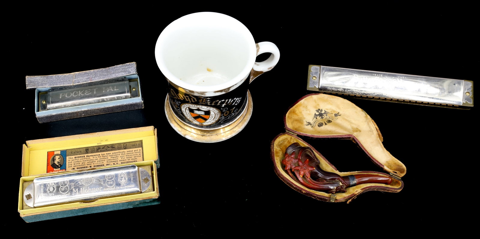 LOT OF HARMONICAS, SHAVING MUG, AND PIPE: INCLUDING; HOHNER MARINE BAND IN BOX, HOHNER POCKET PAL, BUTTERLY HARMONICAS - PRINCETON 1907 SHAVING MUG, AND CARVED PIPE IN CASE (3 3/4") PLEASE READ CAREFULLY - Terms for Purchasing and Shipping of