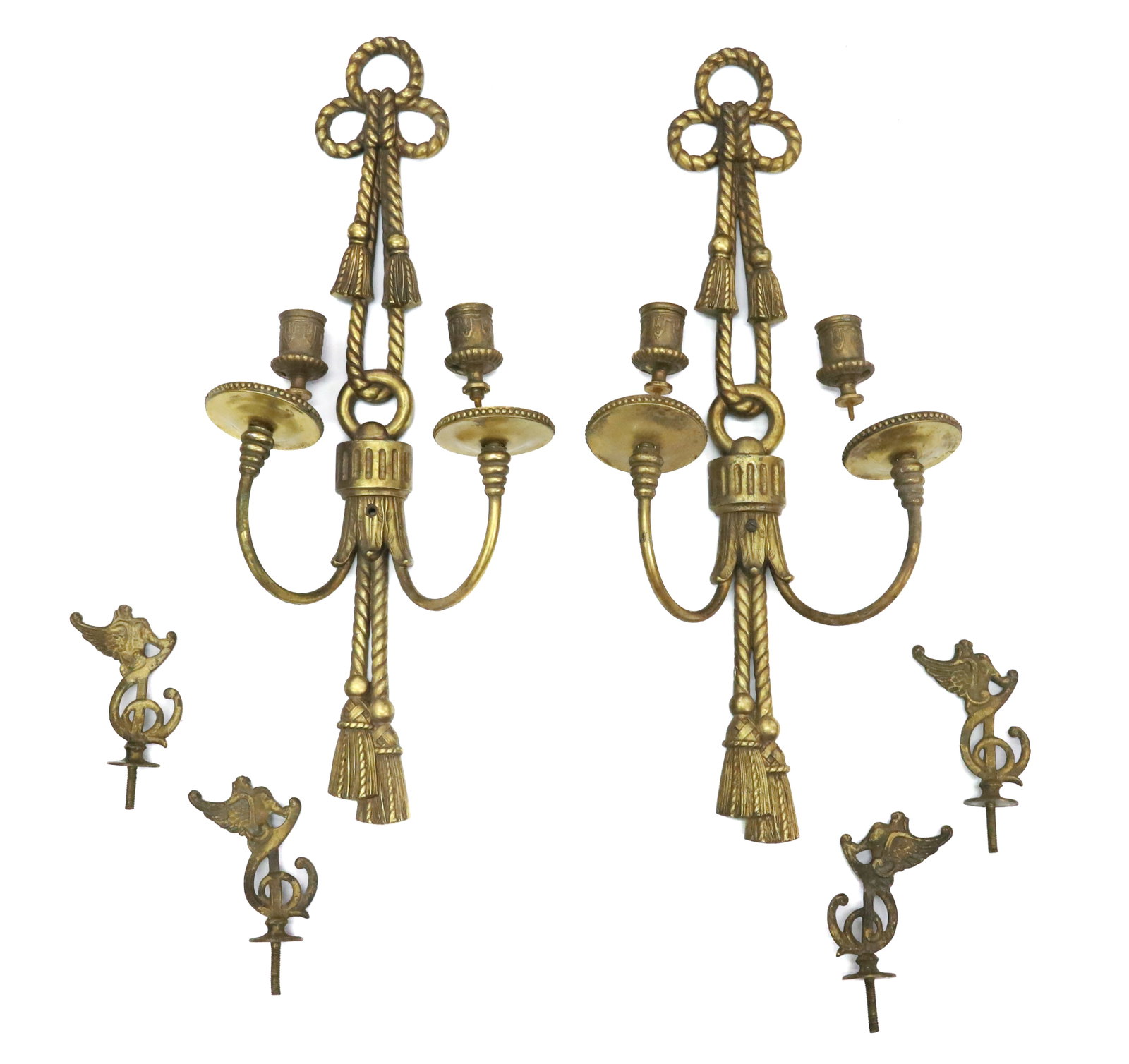 PR. OF ANTIQUE BRASS CANDLE HOLDERS: TASSEL MOTIF, 21 1/2" L - (2) ARMS WITH CANDLE HOLDERS AND (4) HOOKS WITH GRIFFINS PLEASE READ CAREFULLY - Terms for Purchasing and Shipping of Auction Items. Please read carefully before bidding. All