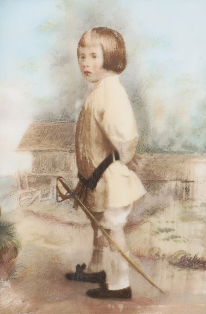 PAINTED PORTRAIT ON PORCELAIN: YOUNG BOY WITH SWORD, BARN BUILDINGS IN BACKGROUND - FRAMED - SIGHT VIEW 5 3/4" X 3 3/4" PLEASE READ CAREFULLY - Terms for Purchasing and Shipping of Auction Items. Please read carefully before biddin