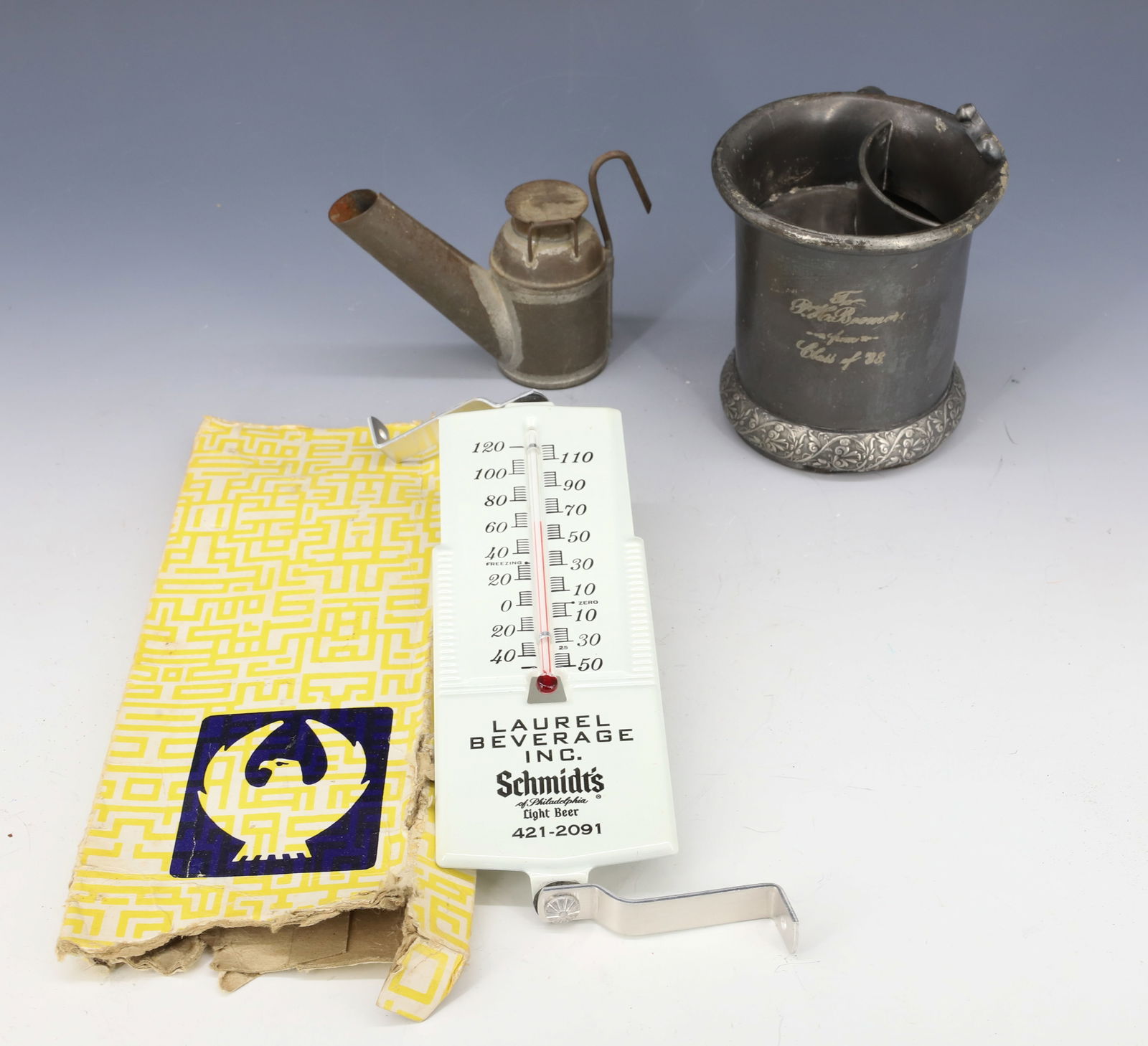 ADV. THERMOMETER, MINERS LAMP, AND SHAVING MUG: NEW OLD STOCK ADV, SCHMIDT'S THERMOMETER WITH BOX, TIN MINERS LIGHT (4"), AND 19TH CENTURY PEWTER SHAVING MUG MARKED; CLASS OF 88 PLEASE READ CAREFULLY - Terms for Purchasing and Shipping of Auction I