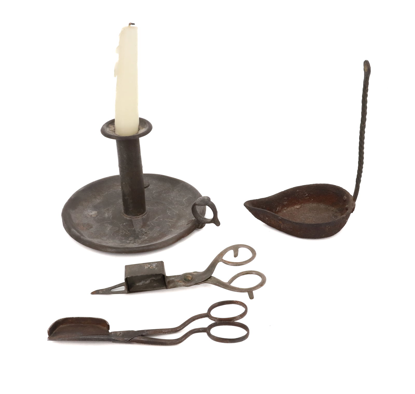 LOT OF ANTIQUE LIGHTING: INCLUDING; TIN PUSH-UP CANDLESTICK, IRON BETTY LAMP, AND (2) CANDLE WICK TRIMMERS (6" L) PLEASE READ CAREFULLY - Terms for Purchasing and Shipping of Auction Items. Please read carefully before biddin