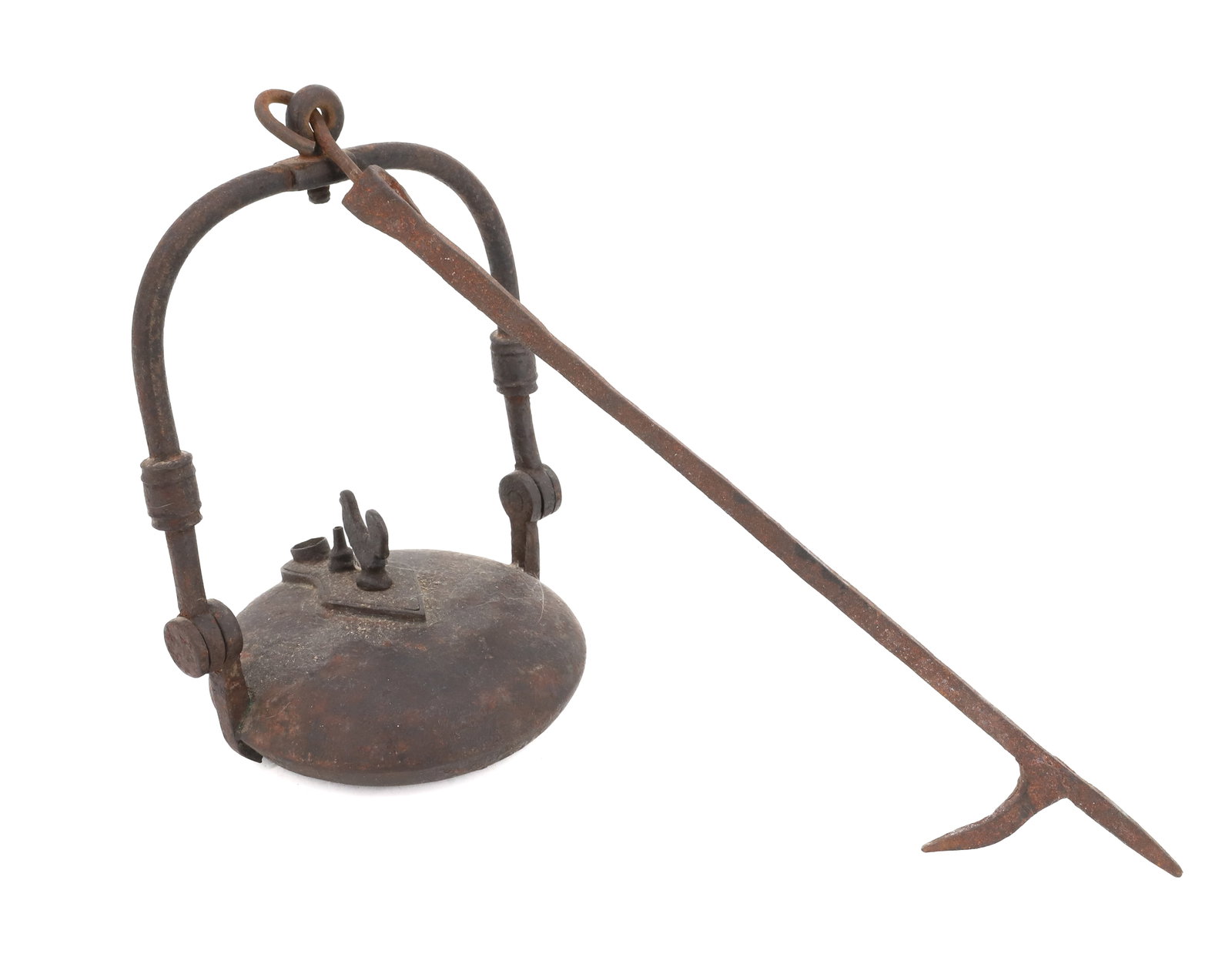 ANTIQUE CAST IRON OIL LAMP: UNUSUAL DESIGN WITH ROOSTER MOTIF AND IRON HOOK, 4 3/4" D X 7" H PLEASE READ CAREFULLY - Terms for Purchasing and Shipping of Auction Items. Please read carefully before bidding. All payments for purc