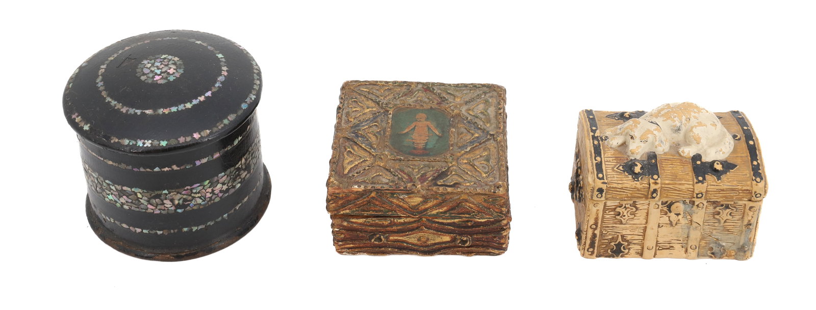 LOT OF (3) TRINKET BOXES: INCLUDING - PAPER MACHE WITH ABALONE DESIGN (2 1/2" X 3") - CARVED WOODEN BOX WITH CHILD ON LID - BISQUE TRUNK WITH DOG ON LID PLEASE READ CAREFULLY - Terms for Purchasing and Shipping of Auction Item