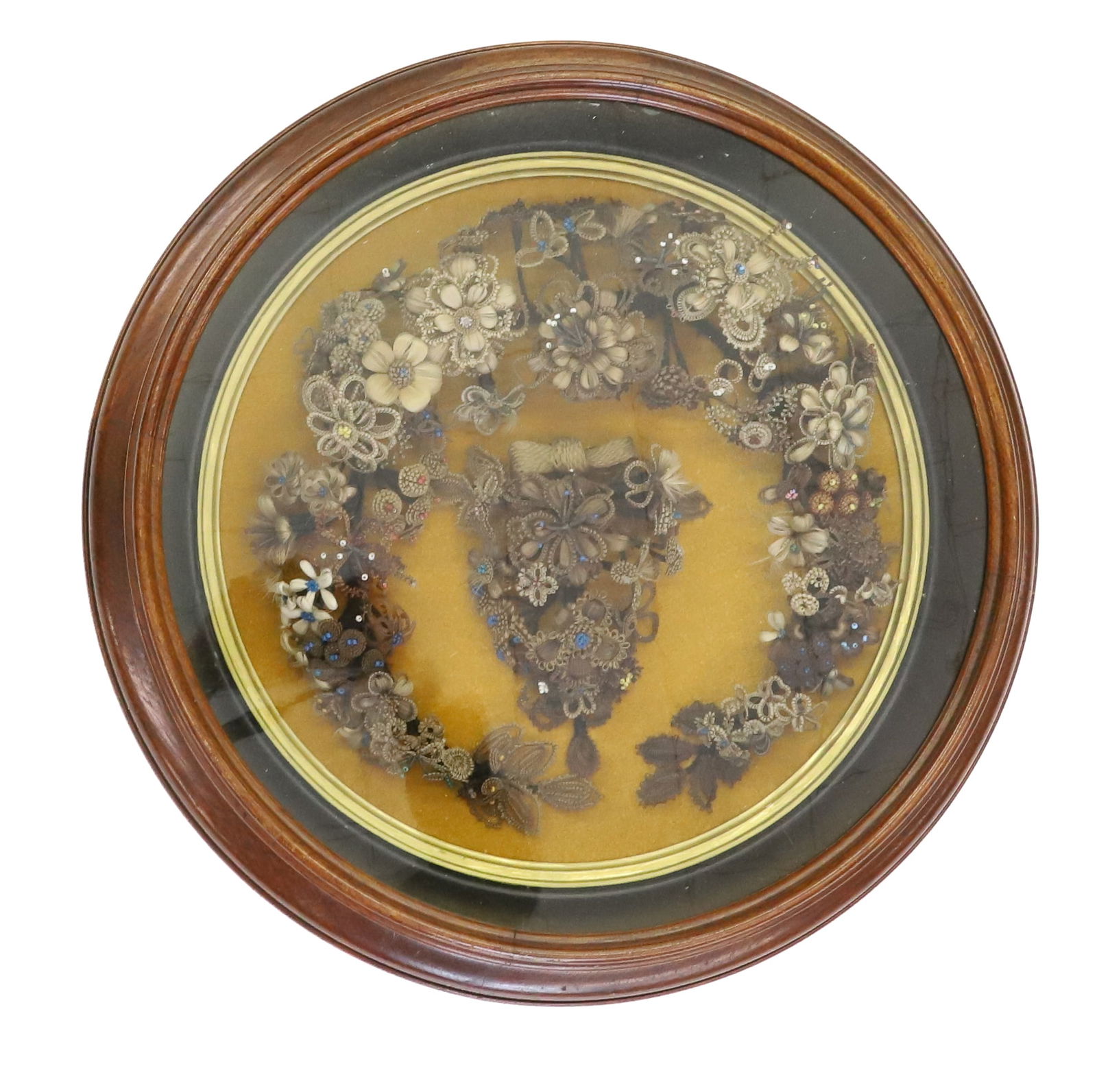 VICTORIAN HAIR WREATH MEMORIAL: ORNATE HAIR AND BEADED MEMORIAL WREATH, IN DEEP ROUND WALNUT FRAME - VERY GOOD QUALITY - 19" D PLEASE READ CAREFULLY - Terms for Purchasing and Shipping of Auction Items. Please read carefully before