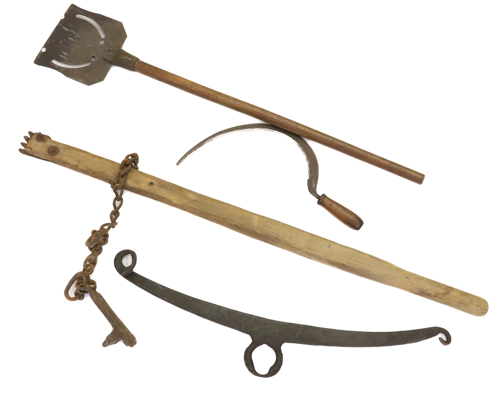 LOT OF PRIMITIVE FARM TOOLS: INCLUDING; SICKLE, WOODEN HANDLE CHOPPER WITH CUTOUTS (34 1/4" L), WROUGHT IRON SINGLE TREE (25 1/2"), AND MORE PLEASE READ CAREFULLY - Terms for Purchasing and Shipping of Auction Items. Please read 