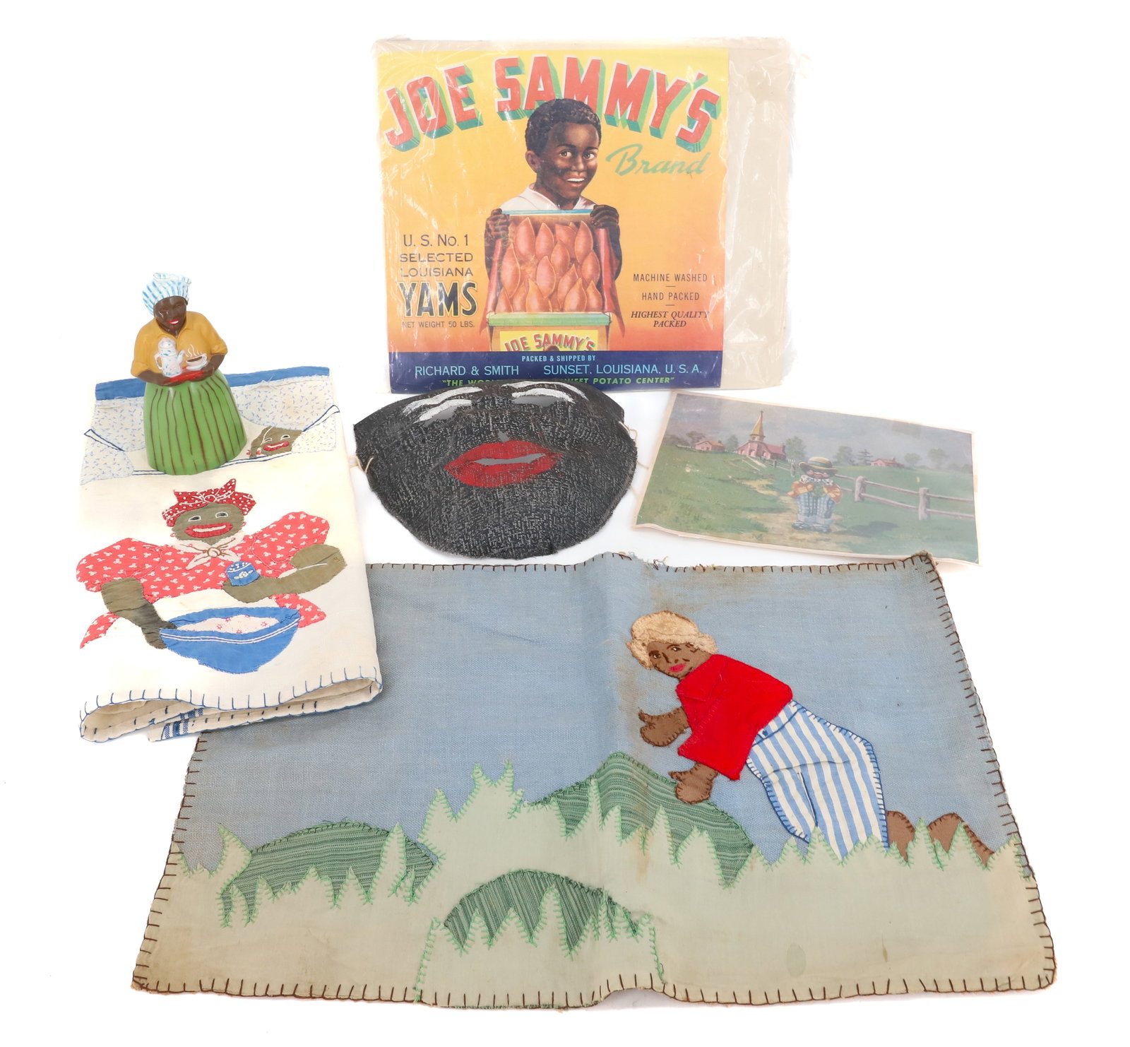 LOT OF BLACK AMERICANA ITEMS: INCLUDING; LUZIANNE MAMMY (5" H), GAUZE MASK, MAMMIE TEA TOWEL, CRATE LABEL, AND MORE PLEASE READ CAREFULLY - Terms for Purchasing and Shipping of Auction Items. Please read carefully before bidding.