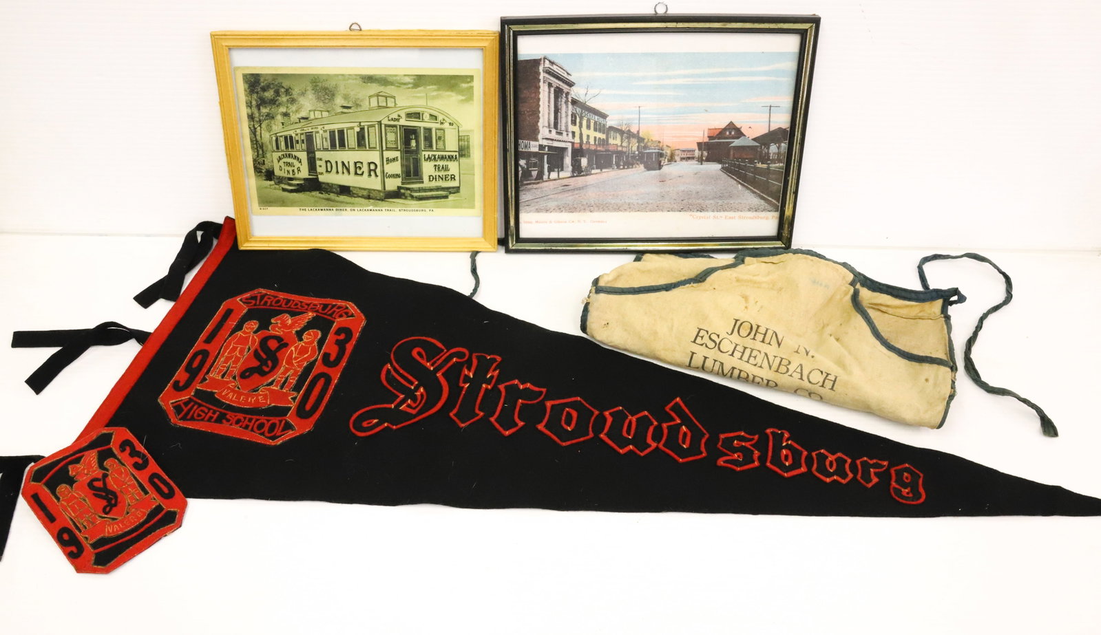 LOT OF STROUDSBURG, PA ITEMS: INCLUDING: LUMBER APRON, 1930 HIGH SCHOOL PENNANT 34" L., FRAMED DINER AND CRYSTAL STREET PRINTS. PLEASE READ CAREFULLY - Terms for Purchasing and Shipping of Auction Items. Please read carefully befo