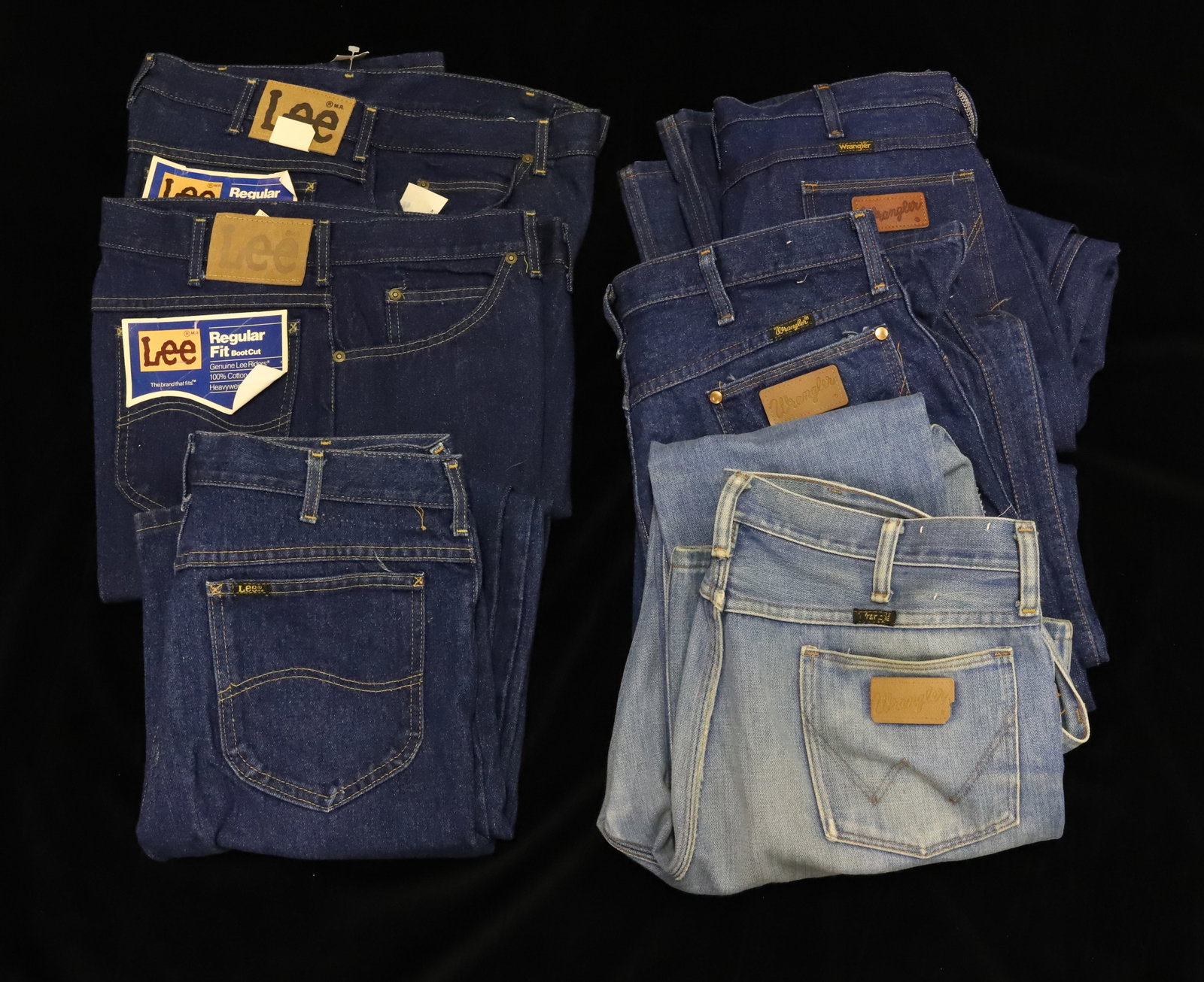 LOT OF VINTAGE WRANGLER AND LEE DENIM JEANS: THREE WRANGLER: 36 LONG, 38X34 REGULAR FIT, 37X34. THREE LEE: TWO 36X34 REGULAR FIT BOOTCUT, 36X34 WITHOUT TAGS. PLEASE READ CAREFULLY - Terms for Purchasing and Shipping of Auction Items. Please read