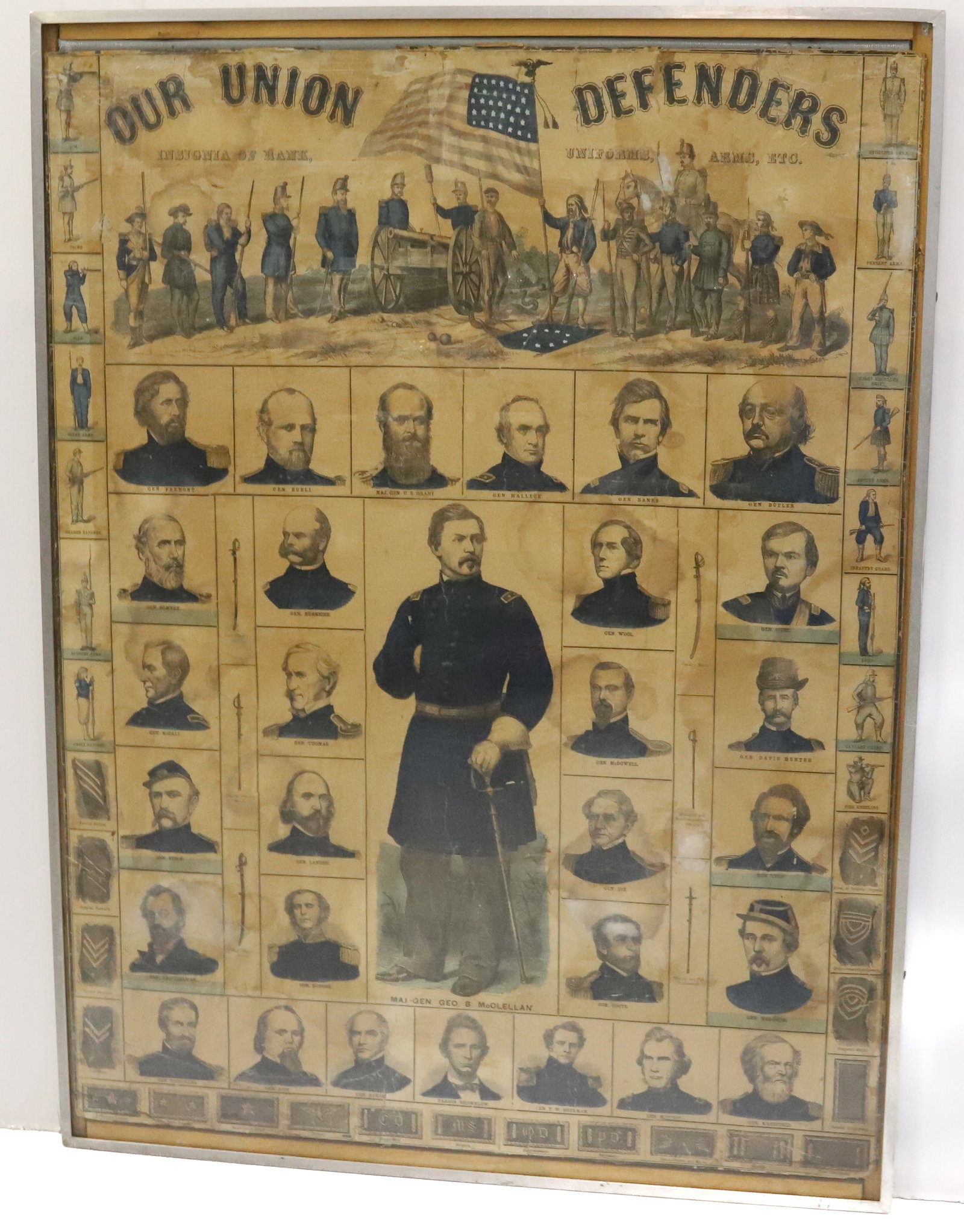 19TH C. FRAMED PRINT "OUR UNION DEFENDERS": INSIGNIA OF RANK, UNIFORMS, ARMS, ETC. APPEARS TO BE HAND COLORED. FRAMED UNDER GLASS. 38 1/4" X 28". PLEASE READ CAREFULLY - Terms for Purchasing and Shipping of Auction Items. Please read carefully 