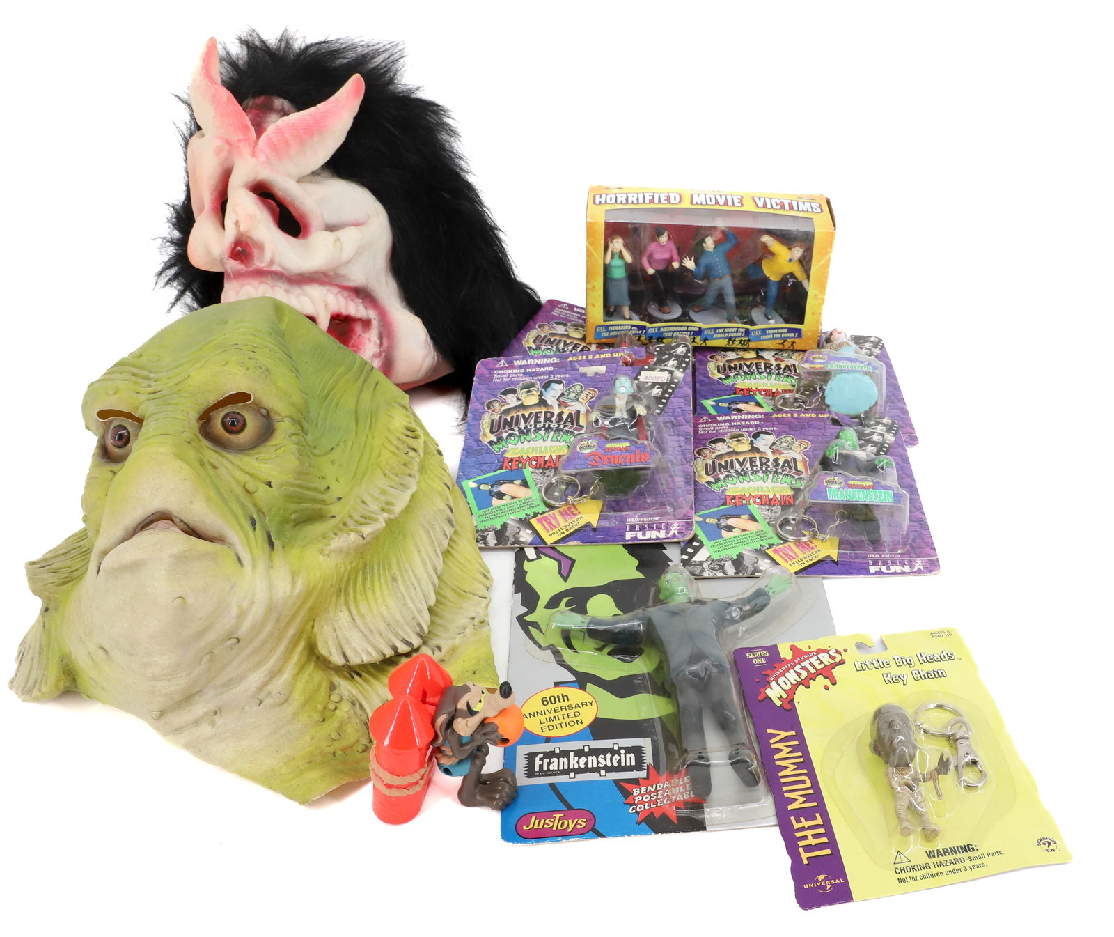 LOT OF VINTAGE TOYS: INCLUDING: UNIVERSAL STUDIOS MONSTERS FLASHLIGHT/KEYCHAIN (UNOPENED), ARCHIE MCPHEE "HORRIFIED MOVIE VICTIMS", FRANKENSTEIN BEND-EM , MASKS AND MORE. PLEASE READ CAREFULLY - Terms for Purchasing and S