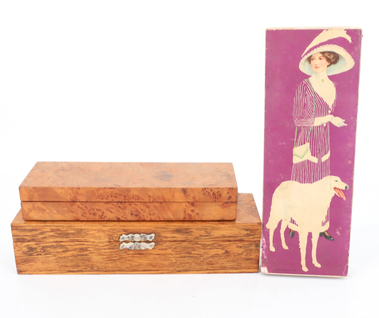 LOT OF VINTAGE GLOVE BOXES: CARDBOARD WITH WOMAN/DOG 12 3/4" L. AND TWO WOODEN EXAMPLES. PLEASE READ CAREFULLY - Terms for Purchasing and Shipping of Auction Items. Please read carefully before bidding. All payments for purchase