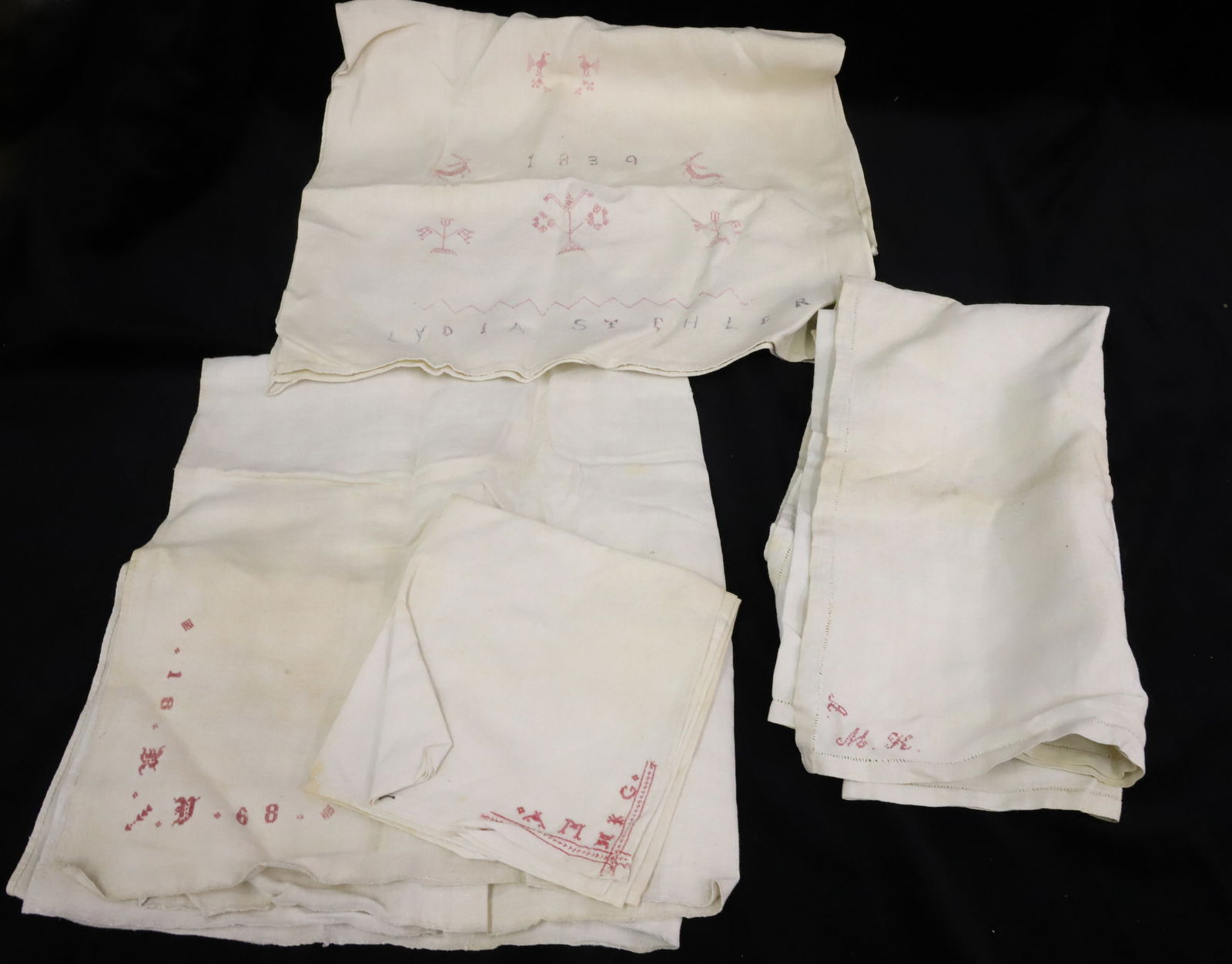 LOT OF 19TH C. TEXTILES: SHOW TOWEL DATED 1839, TWO INITIALED PIECES AND ONE DATED 1868. PLEASE READ CAREFULLY - Terms for Purchasing and Shipping of Auction Items. Please read carefully before bidding. All payments for purch