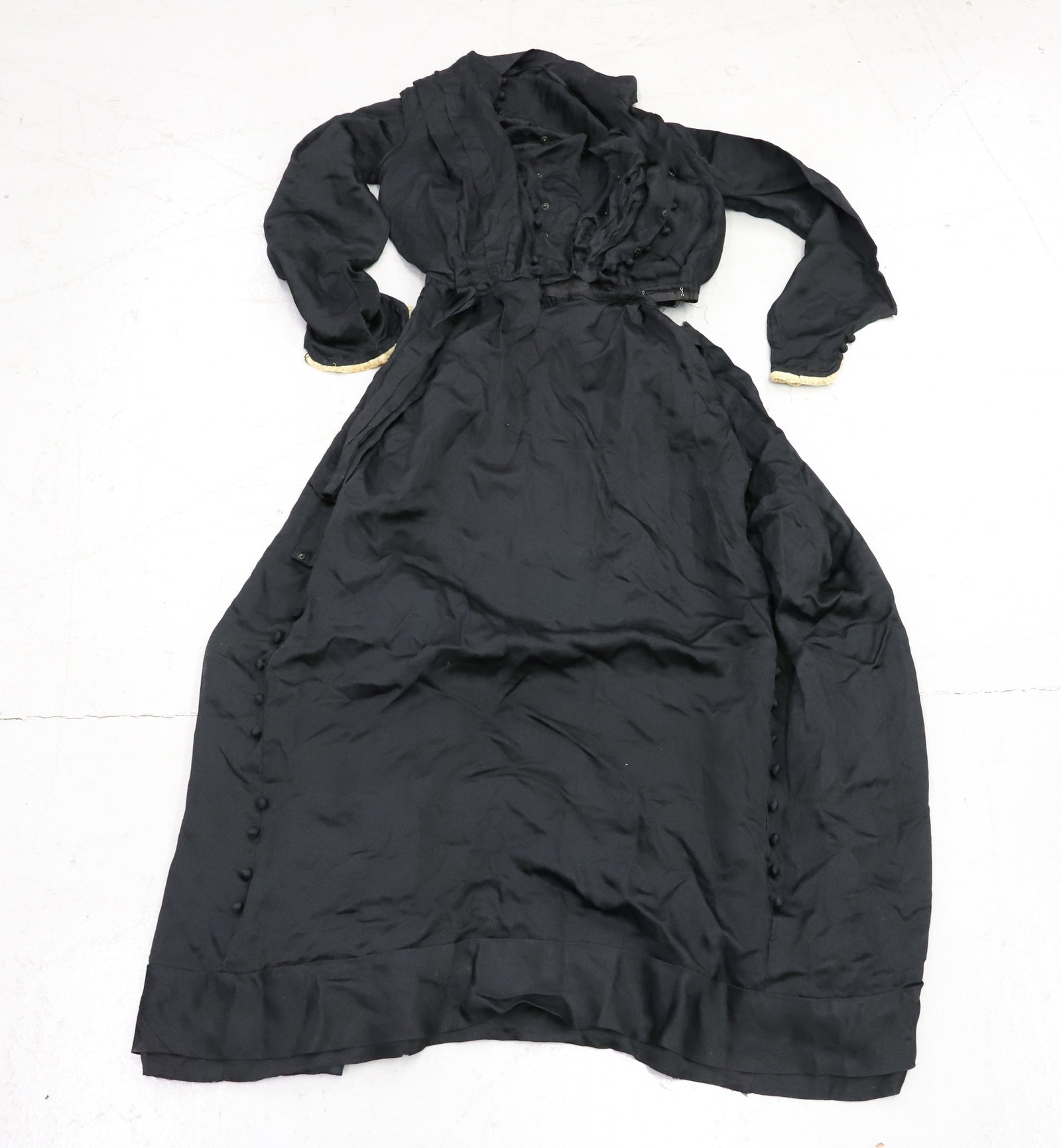 LOT OF BLACK TEXTILES/CLOTHING: SATIN DRESSES, LACE, VELVET CAPE, HAT, FEATHERS AND MORE. PLEASE READ CAREFULLY - Terms for Purchasing and Shipping of Auction Items. Please read carefully before bidding. All payments for purchases w