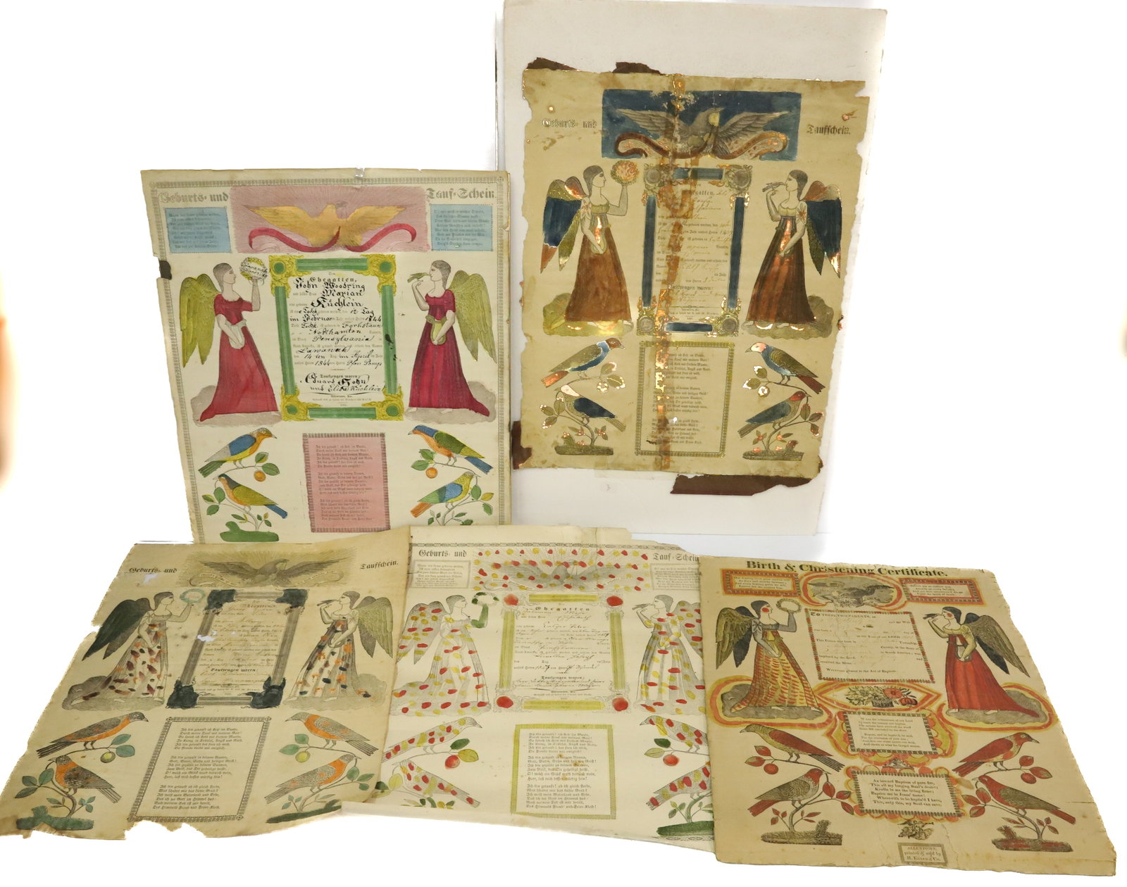 LOT OF 19TH C. TAUFSCHEIN, CERTIFICATES: PRINTED WITH WATERCOLORS. 1844 NORTHAMPTON COUNTY, 1847 PENNSYLVANIA, 1801 NORTHAMPTON COUNTY (GLUED TO BACKING), 1837 SNYDER COUNTY AND 1839 PENNSYLVANIA. PLEASE READ CAREFULLY - Terms for Purchasing