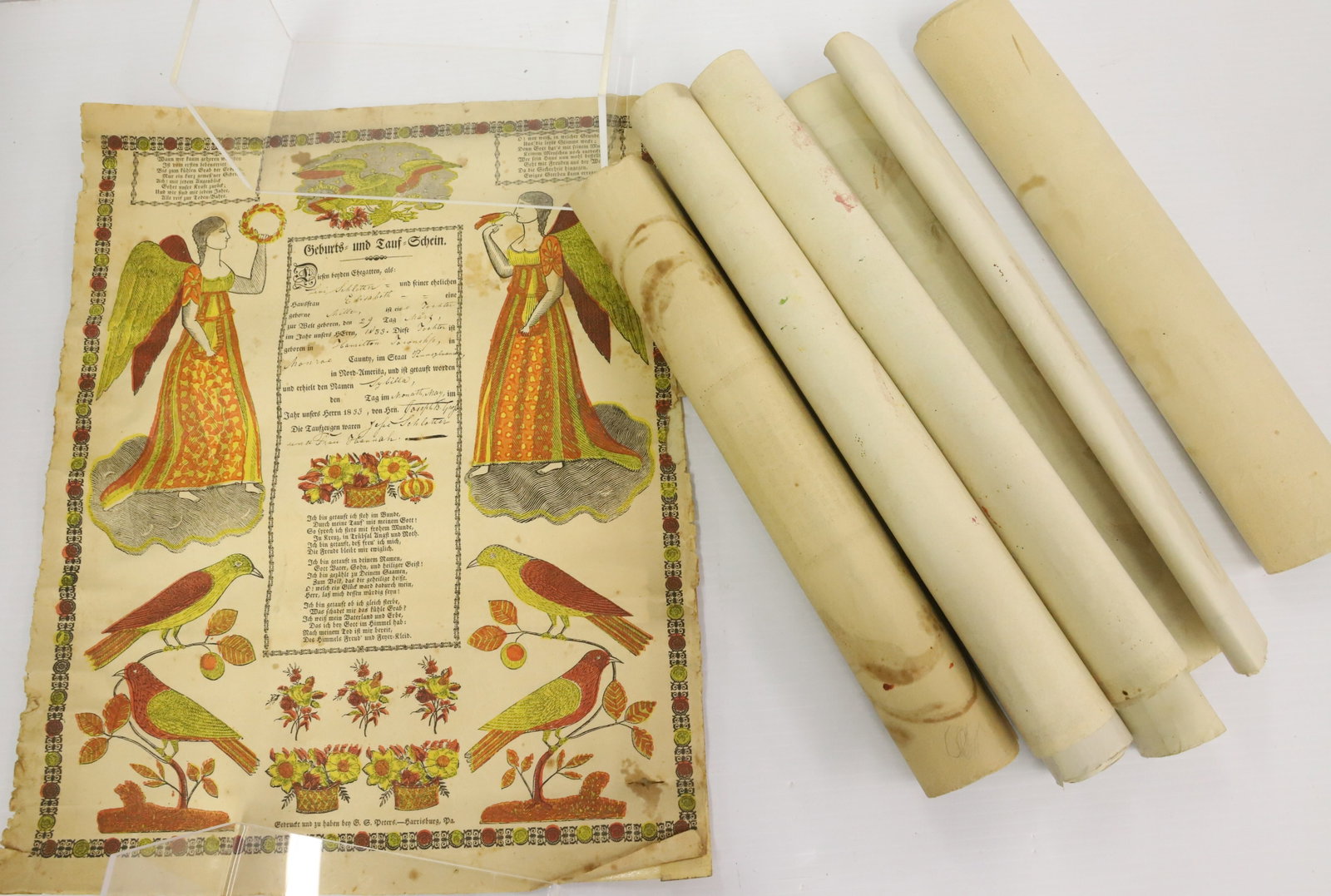 LOT OF 19TH C. TAUFSCHEIN, CERTIFICATES: PRINTED WITH WATERCOLORS. 1846 PENNSYLVANIA, 1871 NORTHAMPTON COUNTY, 1860 BERKS COUNTY, 1867 PENNSYLVANIA, 1849 BERKS, 1833 MONROE, 1827 PENNSYLVANIA. PLEASE READ CAREFULLY - Terms for Purchasing and