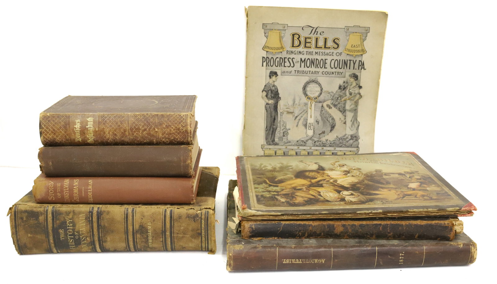 LOT OF ANTIQUE BOOKS: INCLUDING: HISTORY OF JOHNSTOWN FLOOD 1889, STORY OF THE PENNSYLVANIA GERMANS 1898, HISTORY OF PENNSYLVANIA 1880, THE AMERICAN AGRICULTURIST, 1877, THE BELLS RINGING THE MESSAGE OF PROGRESS IN MONROE 