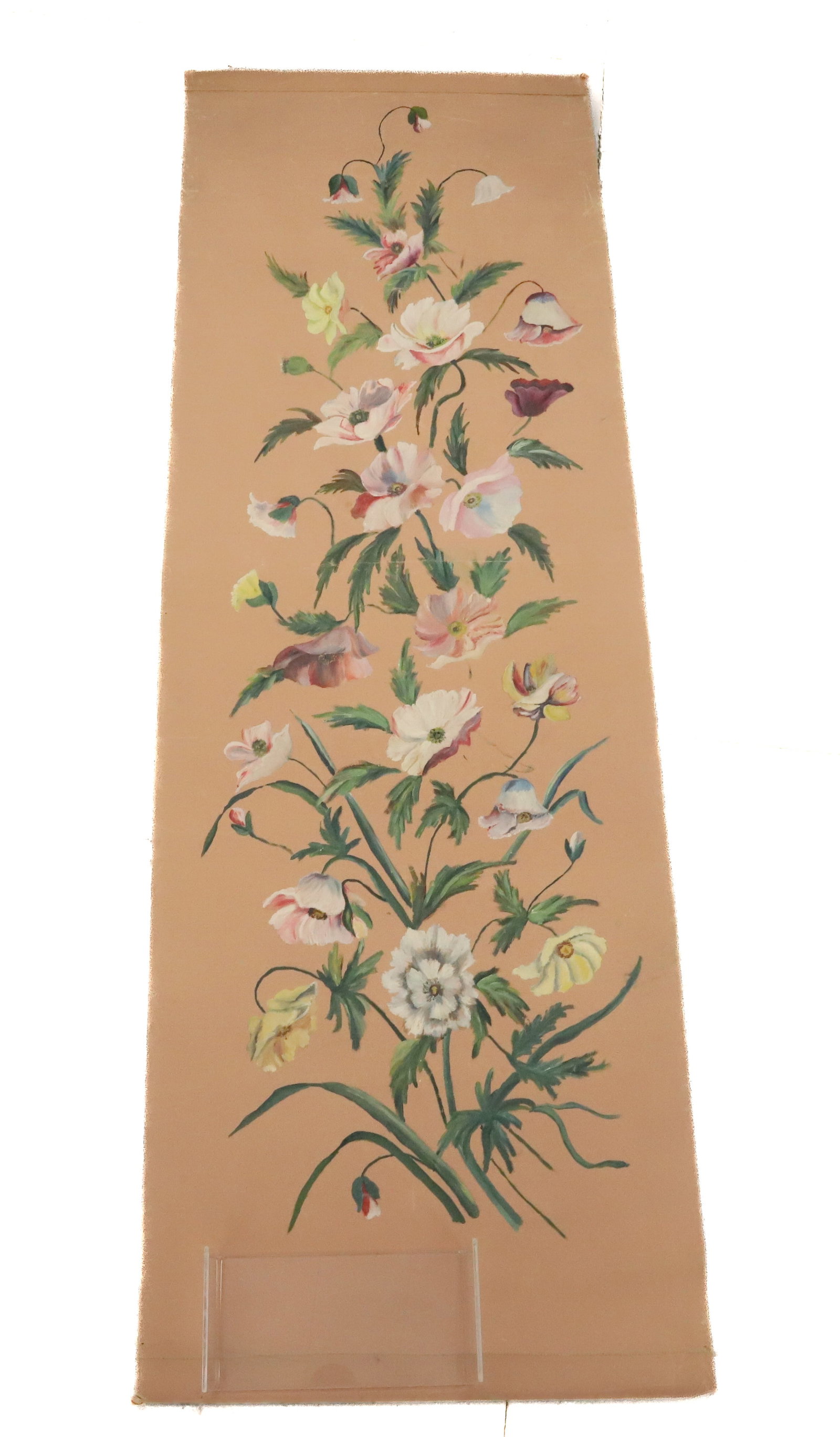 HAND PAINTED FLORAL SCROLL: MAUVE ASIAN SCROLL WITH VARIOUS FLOWERS. UNSIGNED. 18" X 54" PLEASE READ CAREFULLY - Terms for Purchasing and Shipping of Auction Items. Please read carefully before bidding. All payments for purchase