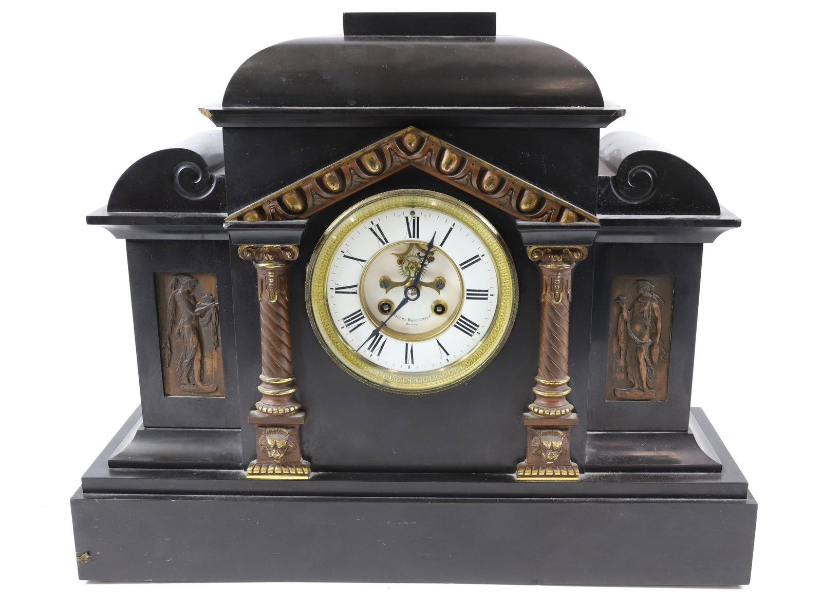 JACOBS WHITCOMB SLATE MANTLE CLOCK: JACOBS WHITCOMB OF BOSTON HEAVY SLATE CASE WITH BRONZE MOUNTS COLUMNS WITH LION HEAD BASES, TWO PLAQUES OF GREEK FIGURES MAN,WOMAN POINTED PEDIMENT MID 19TH CENTURY PLEASE READ CAREFULLY - Terms for P
