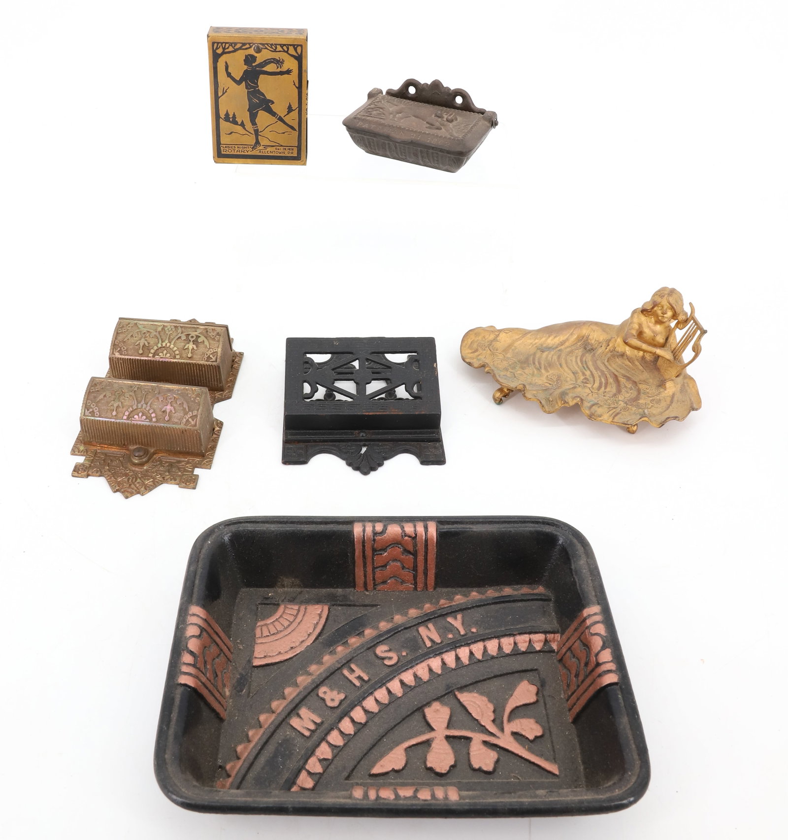 LOT OF CAST IRON, BRONZE AND METAL: TWO PAINTED MATCH HOLDERS (LARGEST 6 1/2" L.), CAST IRON INSERT MRKD. M&HS, NY 8" L., GOLD PAINTED BRONZE PIN TRAY AND METAL (1925) PLAYING CARD HOLDER. PLEASE READ CAREFULLY - Terms for Purchasing an