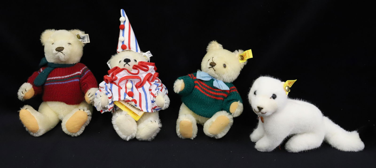 VINTAGE STEIFF (3) BEARS: THREE BEARS TWO IN SWEATERS, ONE CLOWN BEAR AND WEASEL 7" PLEASE READ CAREFULLY - Terms for Purchasing and Shipping of Auction Items. Please read carefully before bidding. All payments for purchases w