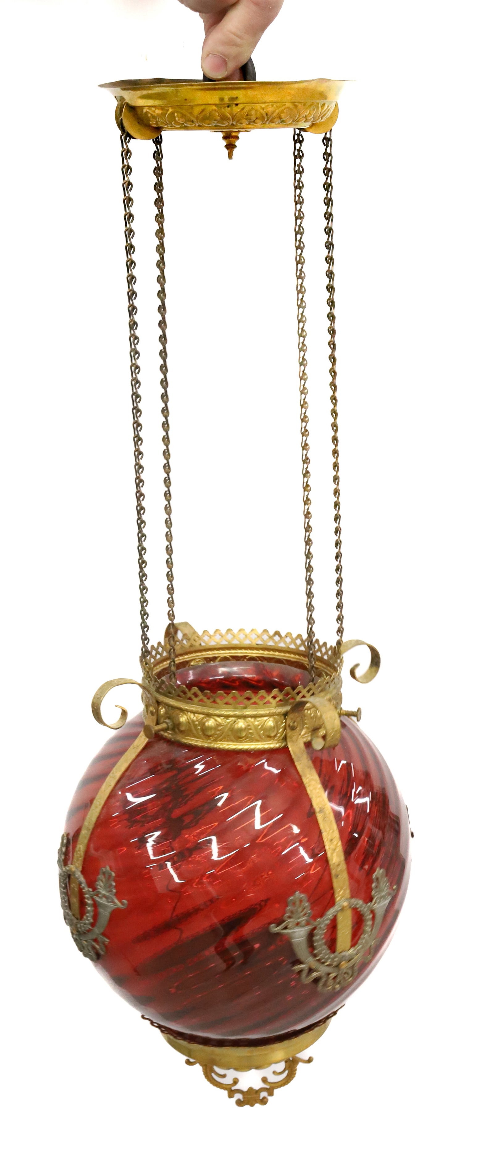 VICTORIAN HANGING LAMP: PATTERN MOLDED SWIRL RIBS IN CRANBERRY IN ORNATE BRASS FRAME NOT ELECTRIFIED NO FONT 24 1/2" PLEASE READ CAREFULLY - Terms for Purchasing and Shipping of Auction Items. Please read carefully before bi