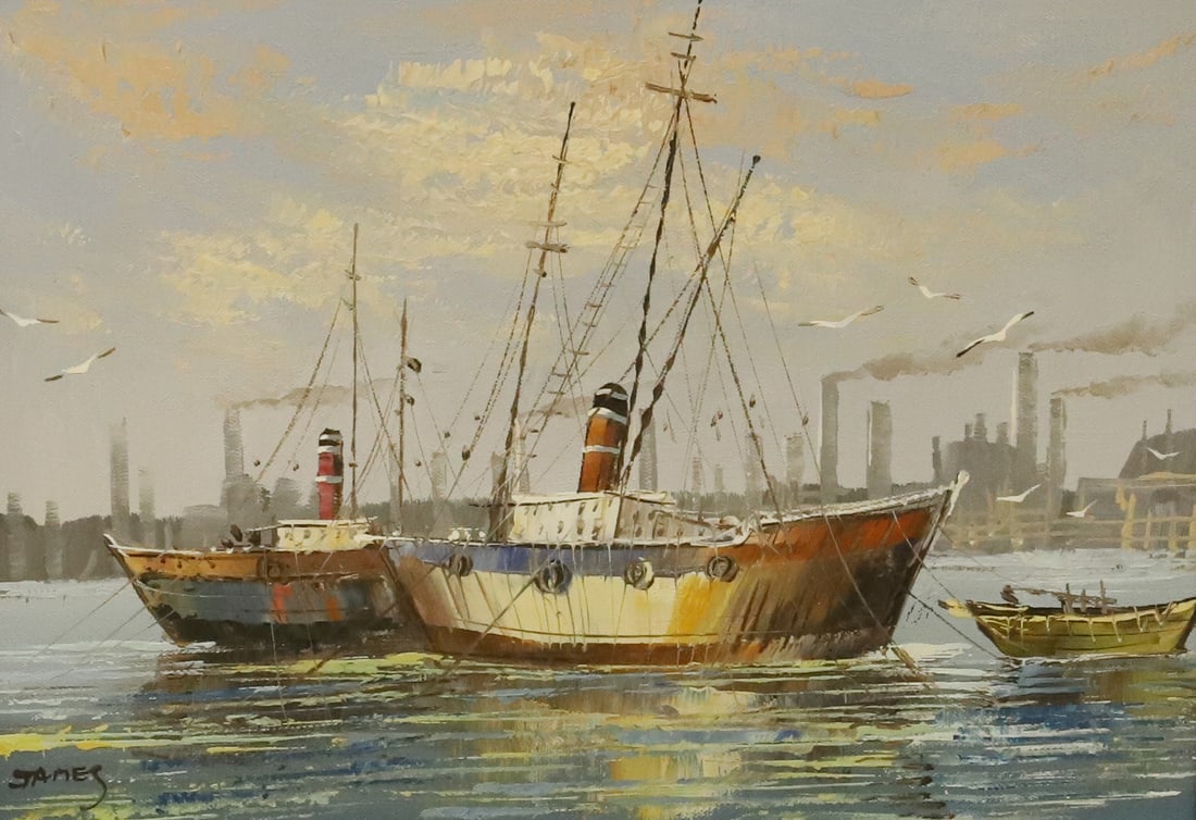 OIL PAINTING OF HARBOR SCENE: THREE BOATS IN FOREGROUND WITH INDUSTRIAL SMOKESTACKS IN BACKGROUND. SGND. JAMES ON BOTTOM LEFT. FRAMED. SIGHT VIEW 11 1/2" X 15 1/2". PLEASE READ CAREFULLY - Terms for Purchasing and Shipping of Auct